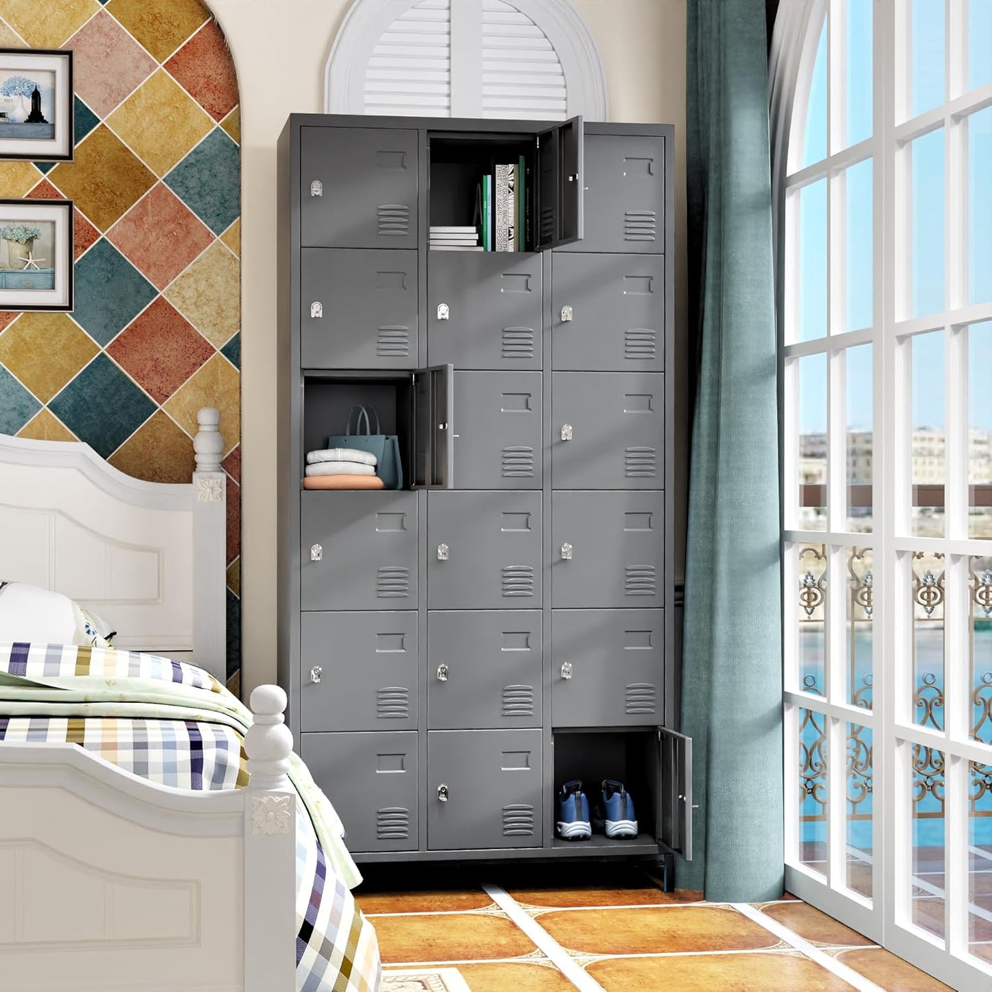 18 Doors Metal Lockers for Employees for Offices School Gyms Home,Assembly Required,Dark Gray