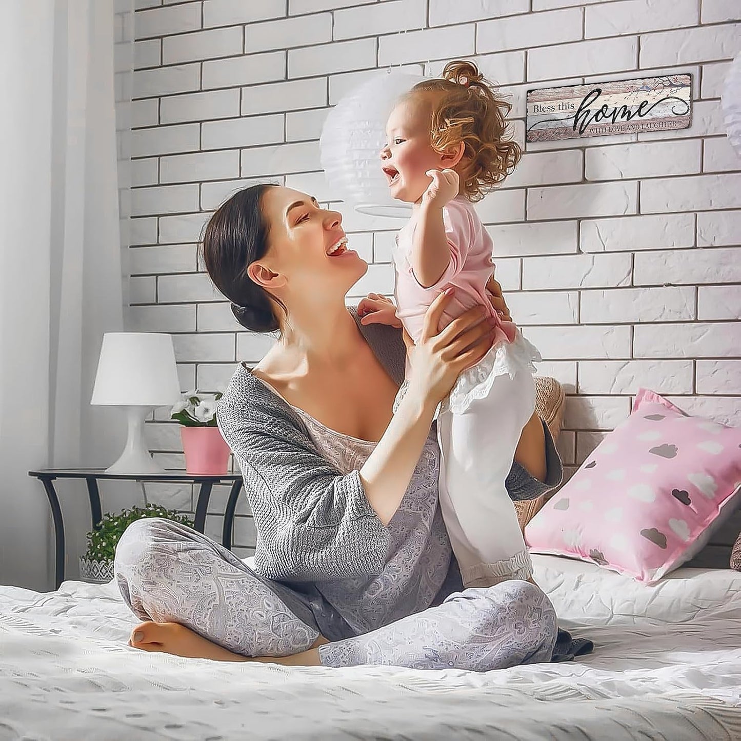 Home Sign Wall Decorations for Living Room Bless - This Home with Love and Laughter - Family Wall Decor Signs for Kitchen Bedroom Dining Room 16x5 Inches