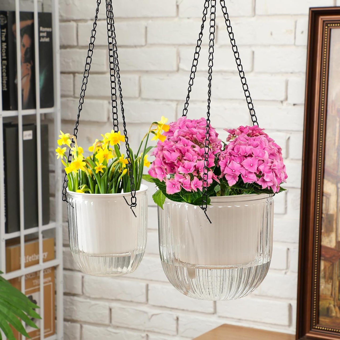 Maxcheck 4 Pcs Self Watering Hanging Planters Indoor Gift 6.5'' 4.5'' Hanging Flower Pots Baskets Outdoor Self Watering Plant with 3hooks Drainage Holes for Home(Emerald,Clear)