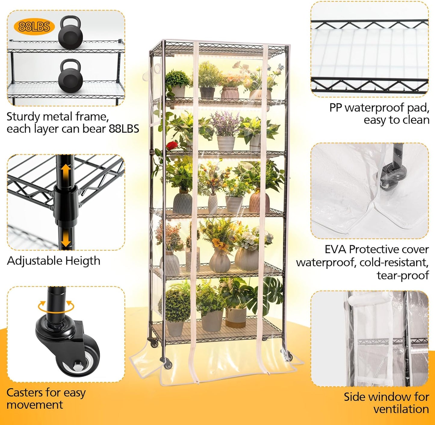 Meonum Plant Shelf with Grow Lights, 6 Tier DIY Metal Grow Rack with 90W LED Growing Lamps for Seed Starting, Indoor Greenhouse with Cover, Mechanical Timer, Thermometer, pH Meter, PP Waterproof Pads