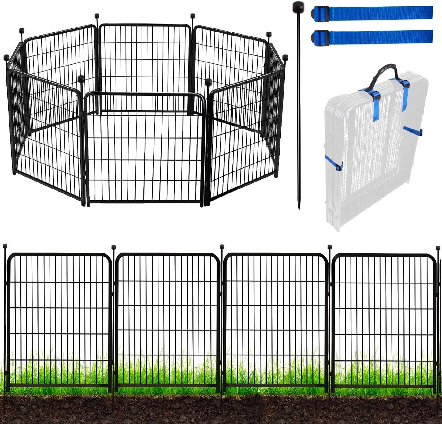 ADAVIN 48 in(H) Garden Fence Panels, 8 Panels Total 17.7 Ft(L), Heavy Duty Iron Metal Animal Barrier Fence, Fencing for Flowers Beds, Camping Fence, No Dig Garden Border Fencing for Yard（No Gate）