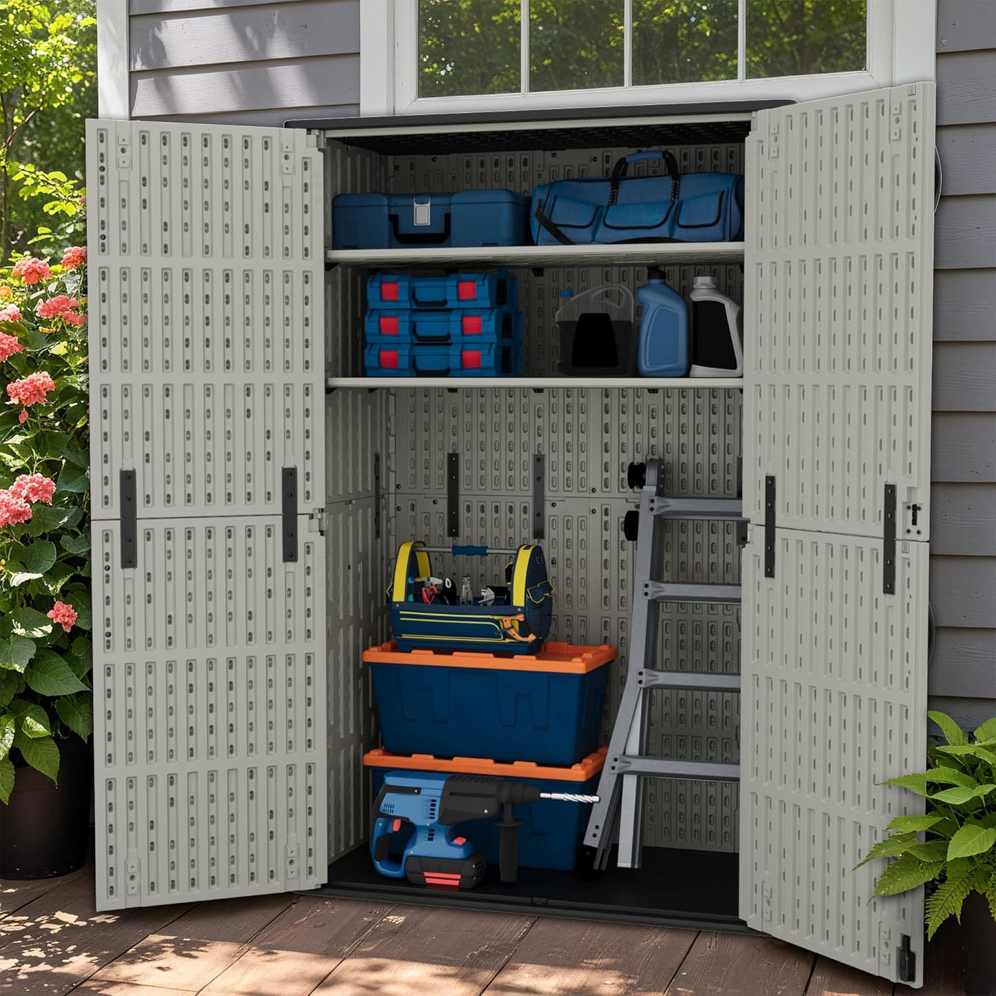 Greesum Outdoor Storage Cabinet, 50 Cu.Ft Deck Box Without Shelves, Waterproof Plastic Storage Bin for Patio Cushions, Gardening Tools, Lockable and Sidehandles, UV Resistant, Beige