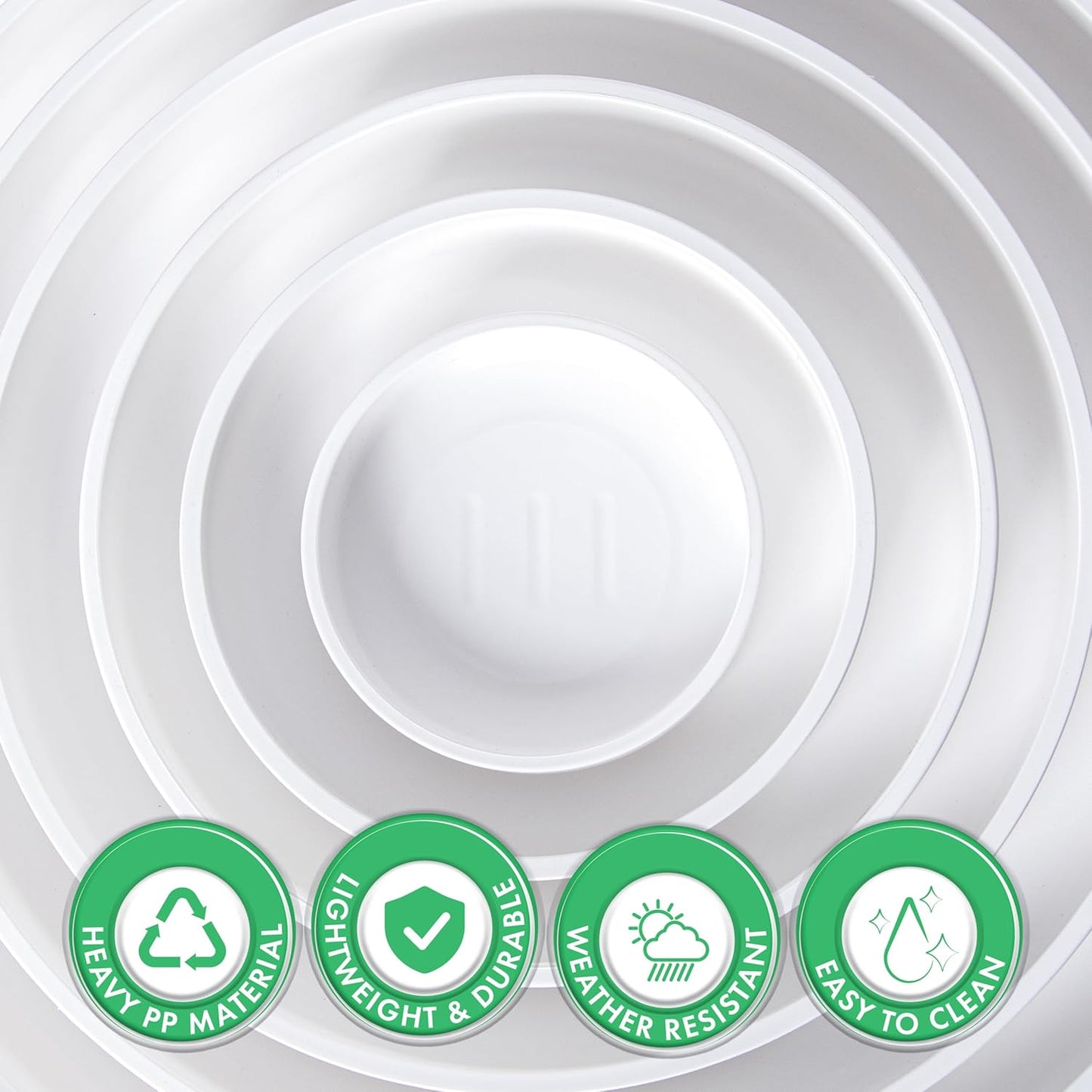 Phoenix Vine 4 Inch Plastic Plant Saucer Water Drip Tray, Heavy Sturdy Round Plant Drainage Tray for Indoors Outdoor, Set of 2, Matte White, 21-TY-4W-2