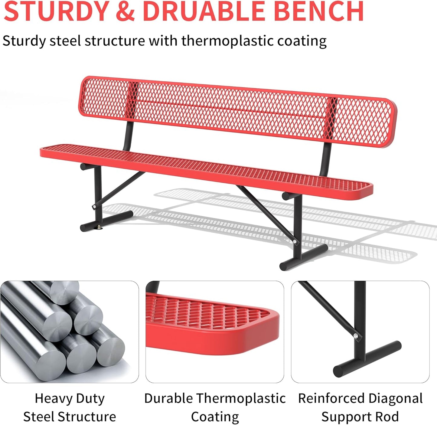 8 Feet Heavy Duty Metal Park Bench for Outside, Outdoor Bench with Backrest & Portable Frame, Commercial Benches for Shopping Malls, Stores, Parks, Patios, Decks, Red