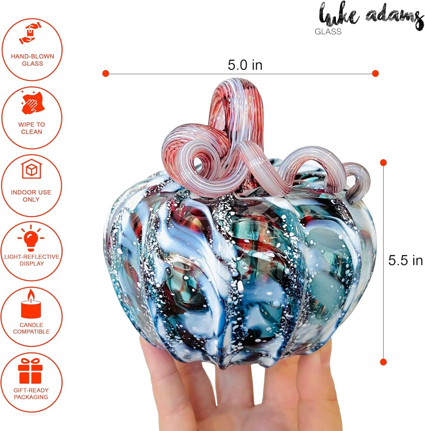 Luke Adams Glass Handmade Glass Pumpkins Handmade Table Top Home Decor (Squat, Winter Frost)