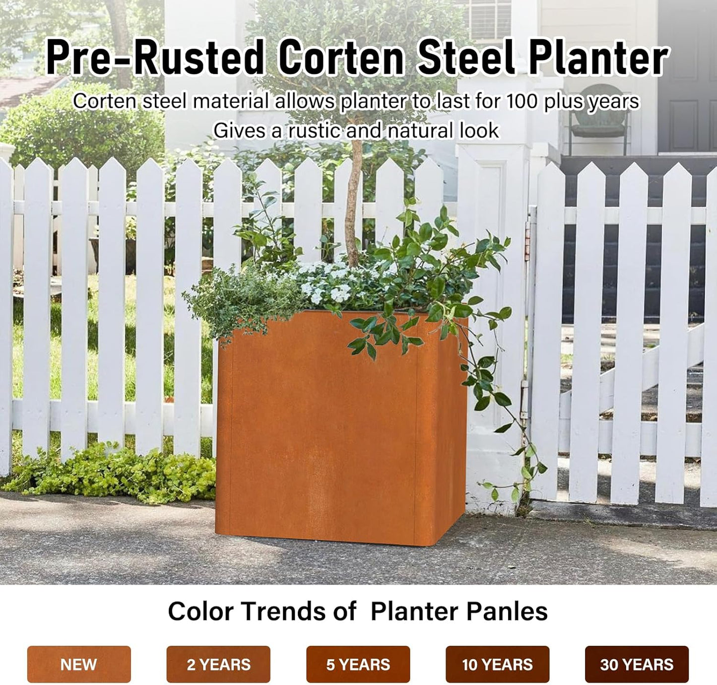 Corten Steel Large Square Planter Box 20"x20"x21", Heavy Duty Planter for Commercial and Residential Use