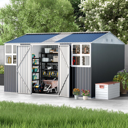 12x10 FT Metal Sheds & Outdoor Storage: Heavy Duty Garden Sheds with Dual Transparent Panels, 2x4-Pane Windows & Hinged Double Doors, Weatherproof Tool Shed for Backyard, Garden, Patio, Grey/White