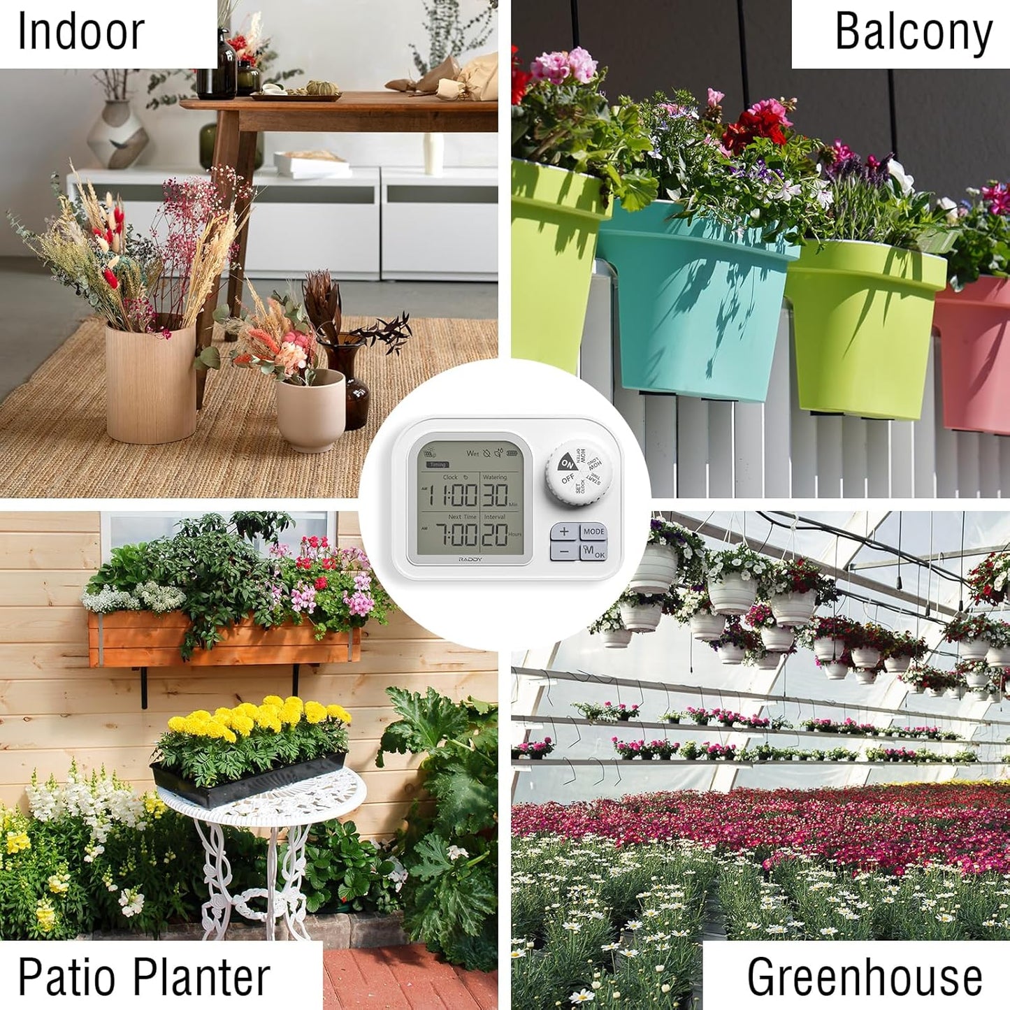 Raddy WS-7 Solar Drip Irrigation Kit with IPX7 Waterproof, Auto Watering System for 15 Potted Plants, with Auto-Soil Humidity Detection, 2600mAh Battery, Large Display for Indoor Outdoor Balcony