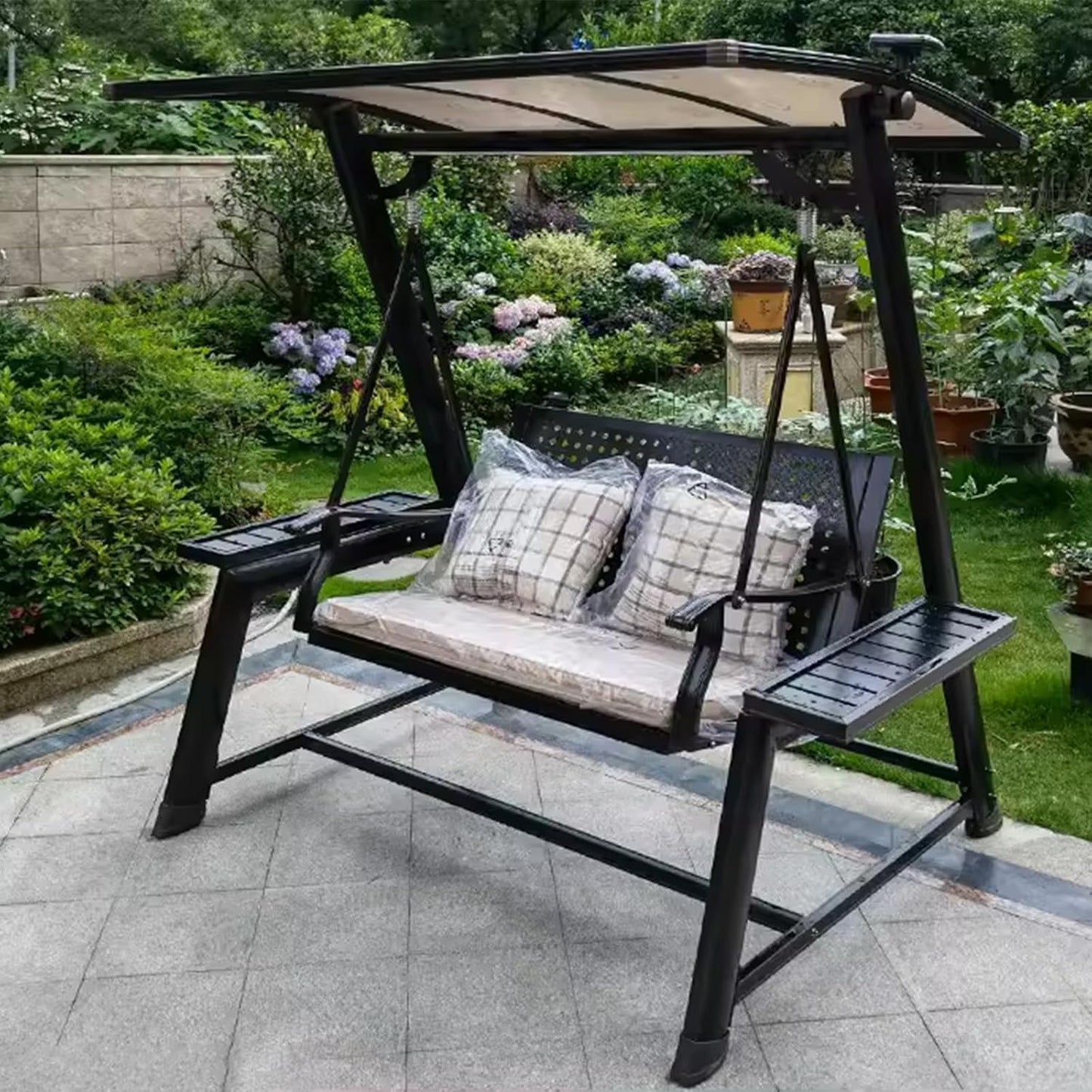 2/3-Seat Outdoor Patio Porch Swing with Adjustable Aluminum Alloy Canopy Solar Patio Swing Chair Bench with Footrest Side Cup Holder for Backyard Lawn (L-Aluminum Mesh Red Copper-2 Seat)