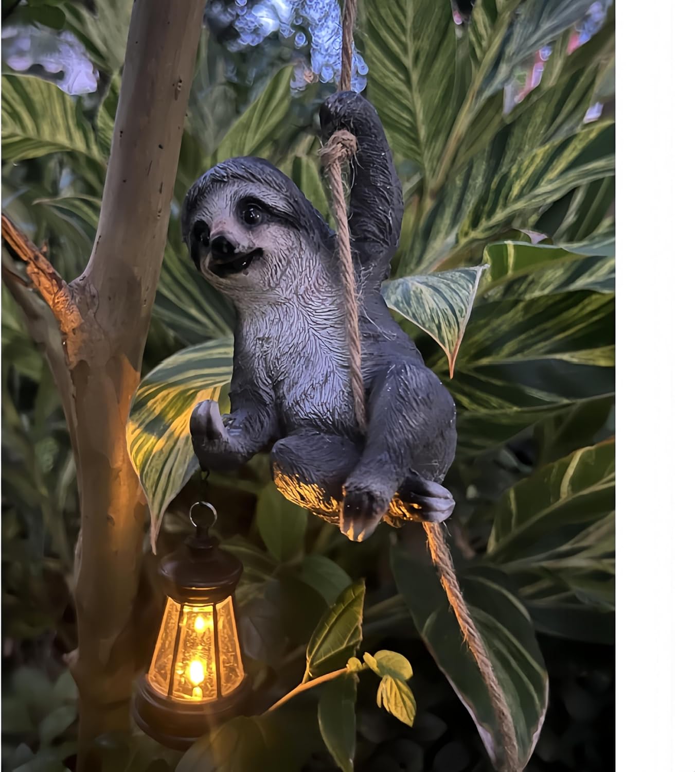 Sloth Garden Decor Cute Wild Animal Outdoor Sculpture Resin Climbing Twine with LED Light Waterproof Hanging Animal Figurine for Garden Wall Balcony