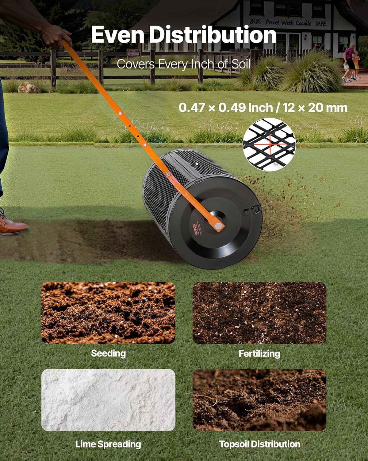 VEVOR Compost Spreader, 24 in Wide Peat Moss Spreader with T Shaped Handle, 3 Heights Adjustable, Powder-Coated Steel Garden Peat Moss Roller, Heavy Duty Grass Seed Spreaders for Planting Seeding