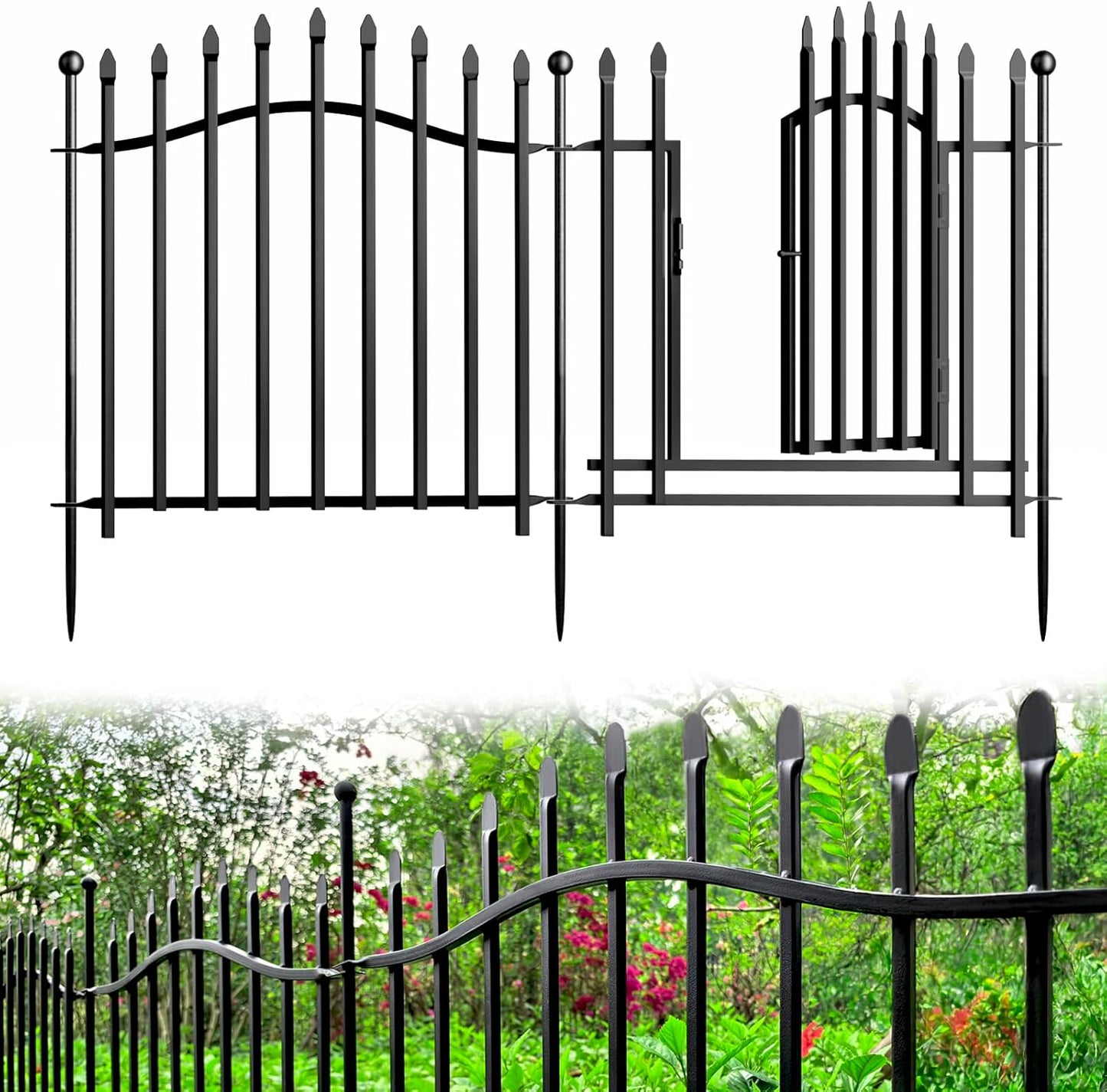 10 Panels No Dig Garden Decorative Fence with Gate - 24in H x 22.5ft L, Heavy-Duty Square Tube Animal Barrier, Rustproof Dog Fence for Outdoor Yard & Patio Protection