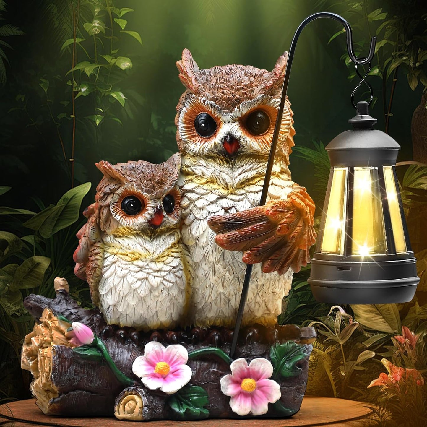 Json Garden Owls Statue with Solar LED Lantern, Loving Owls Family Embrace, Gifts for Mom Yard Art, Whimsical Figurine Large Sculpture Lighted Outdoor Mother's Day Spring Decorations for Lawn, Porch