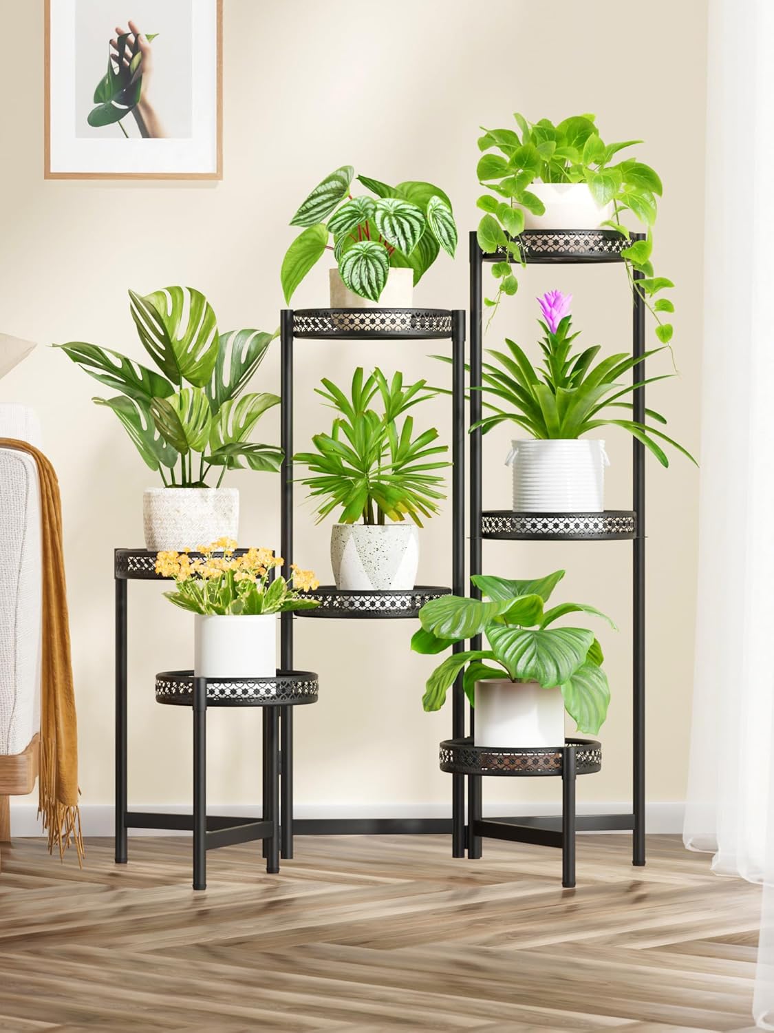 7 Tier Large Metal Plant Stand Indoor Outdoor with 7.9 Inch Wide Tray, Tiered Corner Plant Stand, Flower Display Holder Shelf, Folding Tall Rack for Patio Porch Balcony Living Room Garden - BlackWave