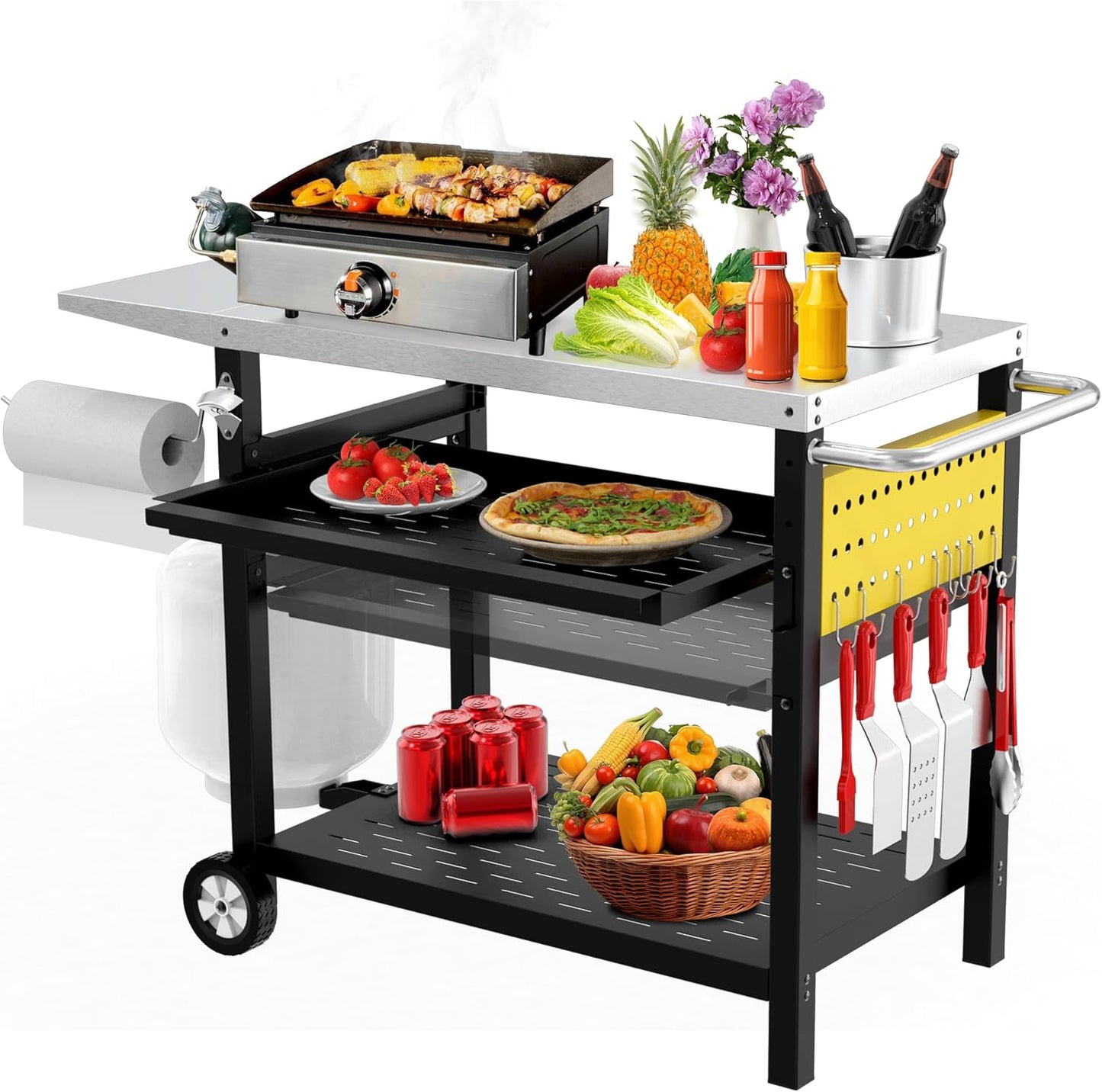Outdoor Grill Cart with Pegboard, 3-Shelf Pizza Oven Table with Drawer, Stainless Steel Kitchen Dining Cart with Wheels, Food Prep Table Grill Stand for Outside BBQ Patio Backyard