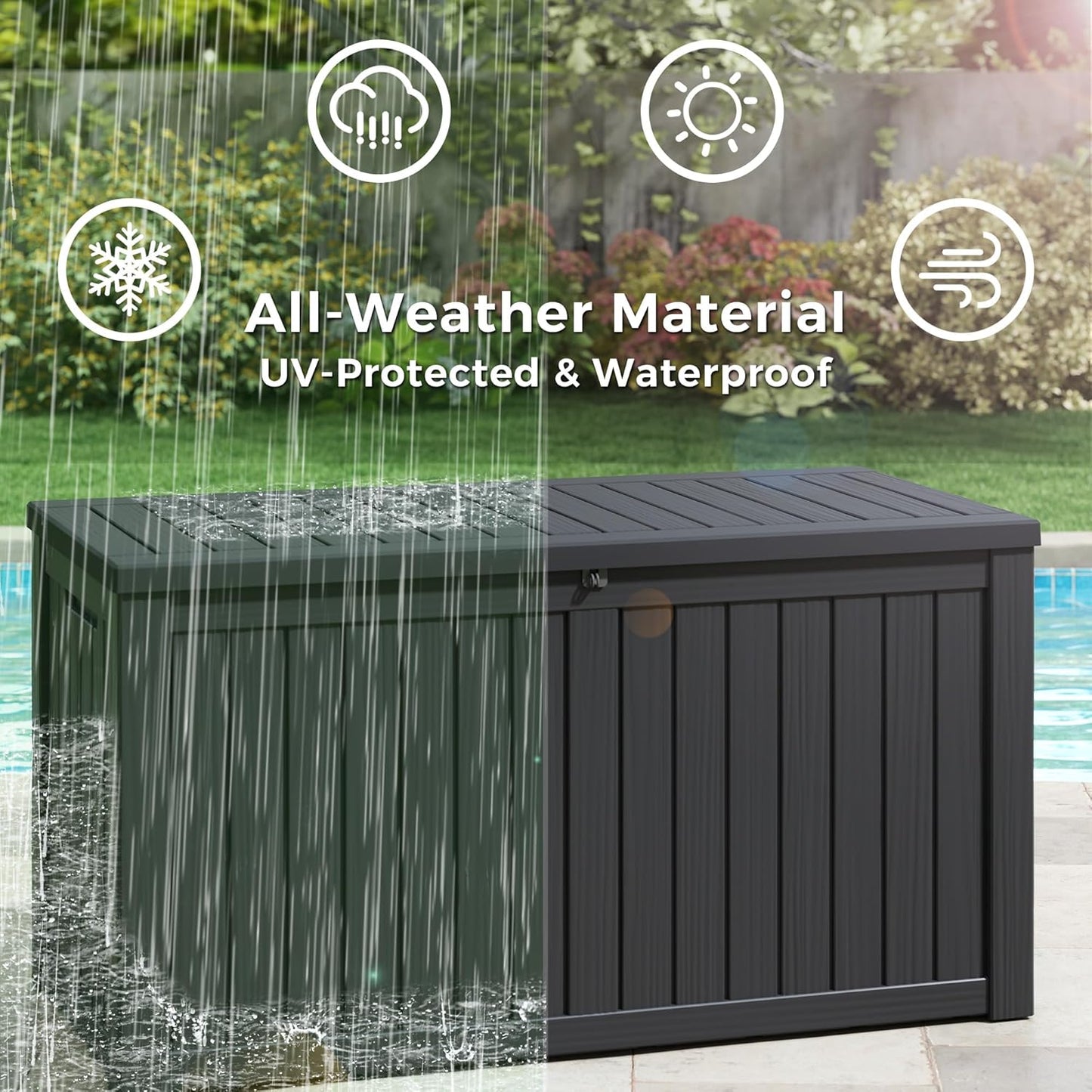 150 Gallon Resin Deck Box, Large Indoor and Outdoor Storage Box, Weatherproof and UV Resistant Outdoor Storage Box with Built-in Steel Beams for Patio, Cushions, Pool Supplies