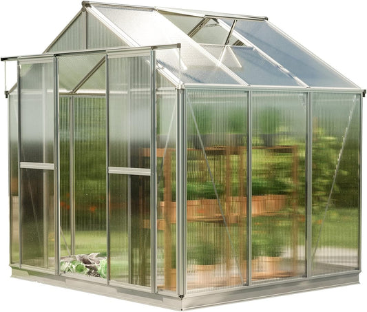 Greenhouse Saphir 3 Aluminum Frame 8.5 x 6.4 ft Approx. 6 mm Polycarbonate Panels - with Bonus Base Frame and Automatic Vent Opener