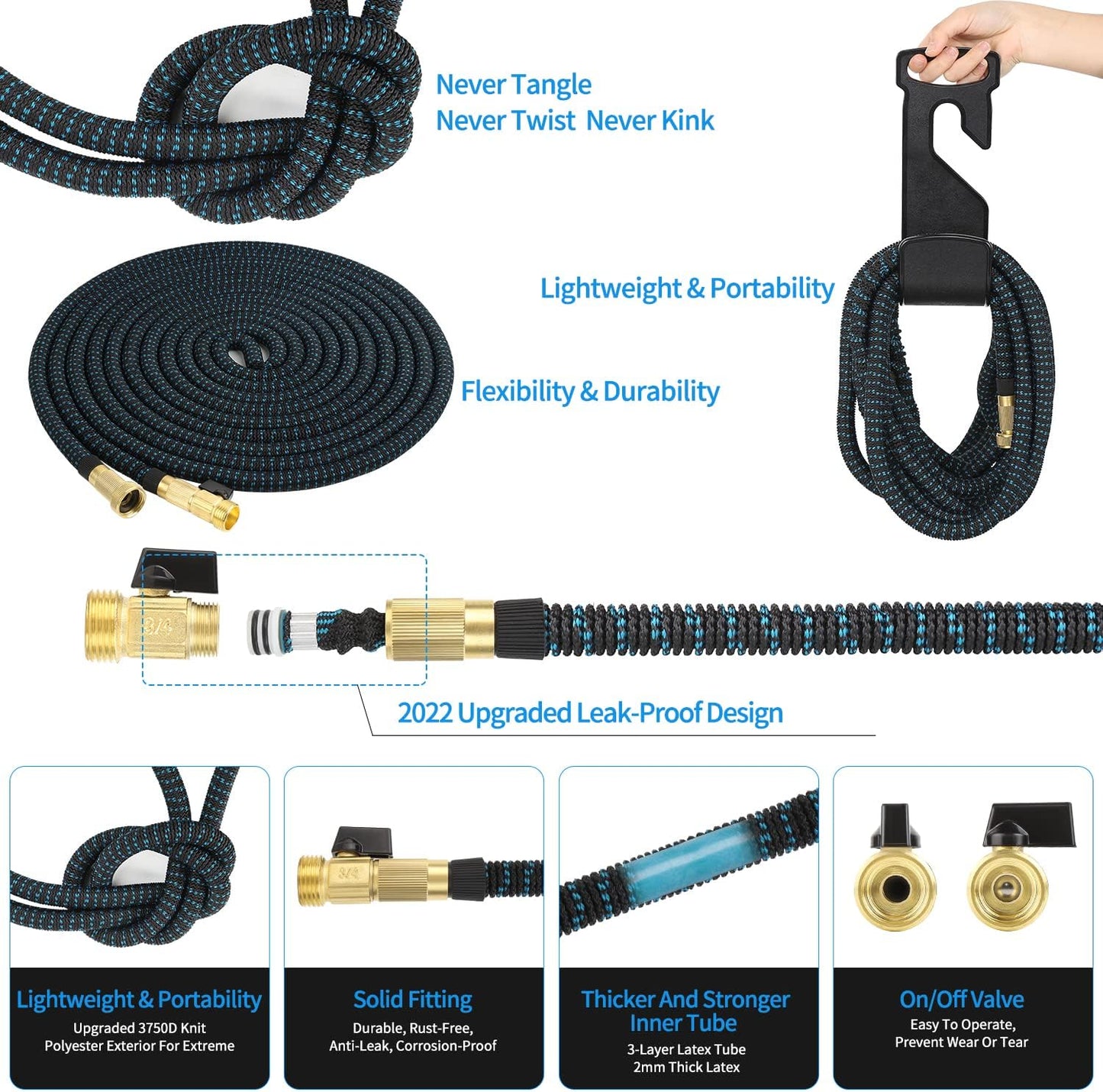 50 ft Expandable Garden Hose w/10 Functions Spray Nozzle, Water Hoses with 3/4" Solid Brass Connector, Flexible Lightweight Hose Expanding Water Pipe for Car Washing, Gardening
