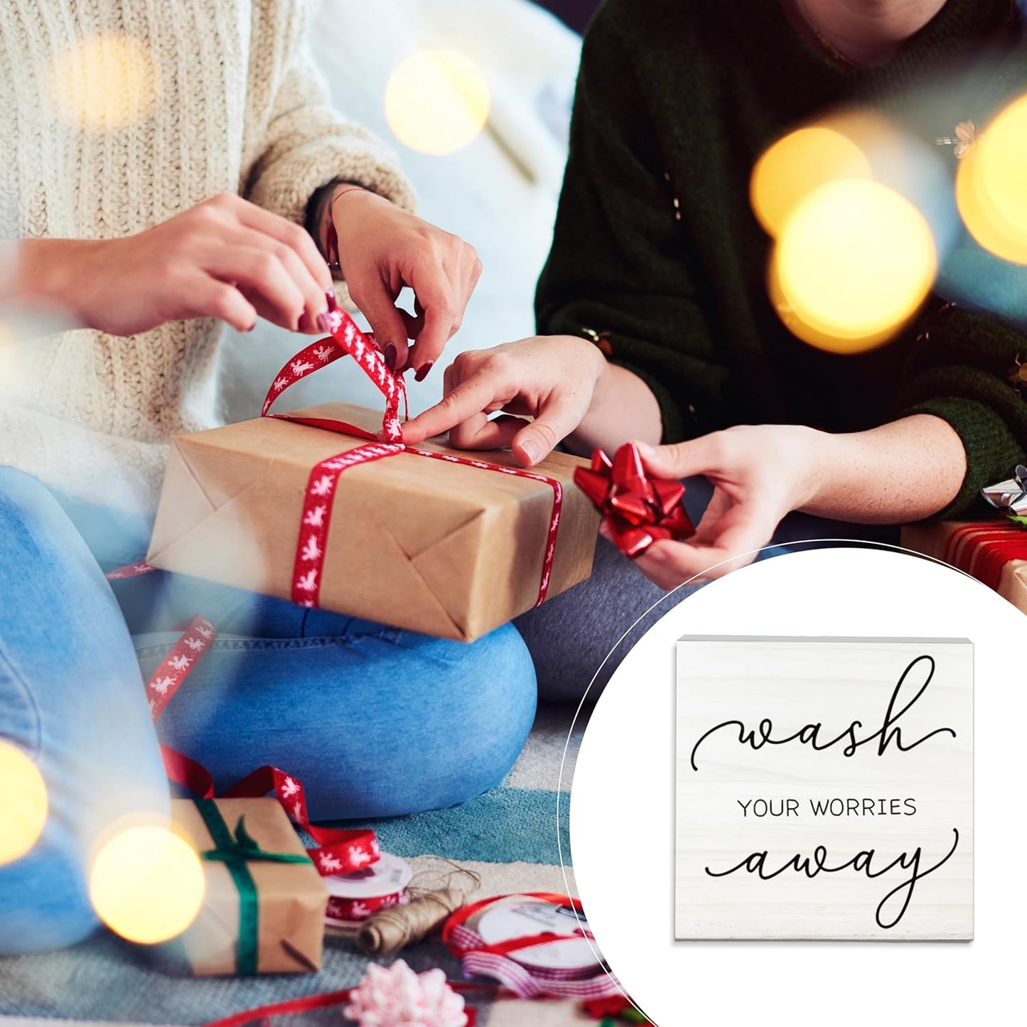 Funny White Wooden Sign-Wash Your Worries Away Block Plaque Desk Decoration-5x5 inches Inspirational Wood Block Gifts For Friends Family-Laundry Room Restroom Bathroom Tabletop Favors & Supplies-A09