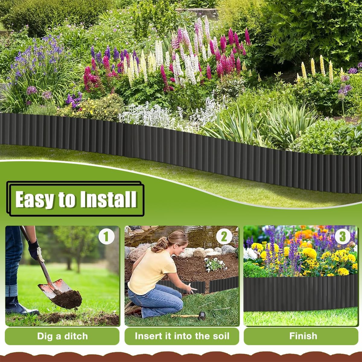 Landscape Edging Border 6inch x 20ft- Corrugated Metal Garden Edging - Lawn Edging Borders - Galvanized Edging Long Strips Yard Border for DIY Flower Beds, Plants, Walkways-Black