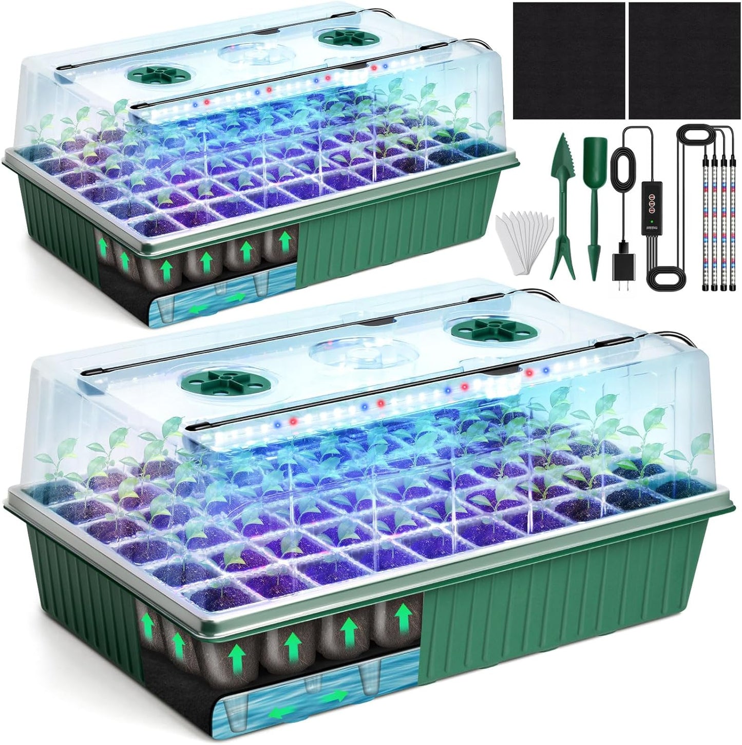 Self Watering Seed Starter Tray with Grow Light, 2 Pack 120 Cells Seed Starter Kit with Humidity Dome, Seed Starting Kit for Plant Starter, Indoor Seedling Tray with 4" High Lid Germination Tray