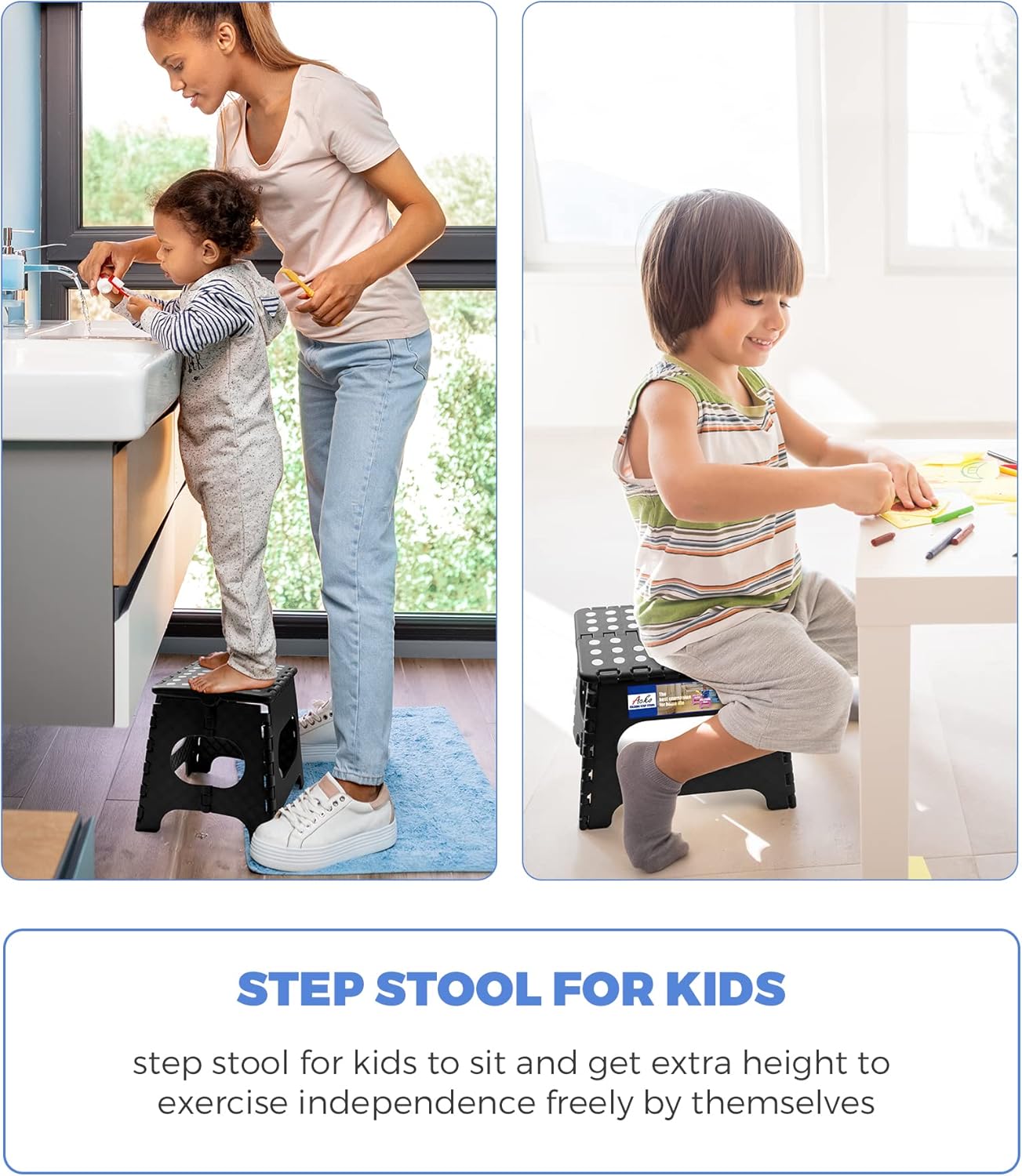 ACKO Folding Step Stool Foldable Step Stools for Kids, 11 Inch Foot Stool Black Plastic Step Stool with Portable Handle Small Stool Hold up to 300lbs for Bathroom, Kitchen White