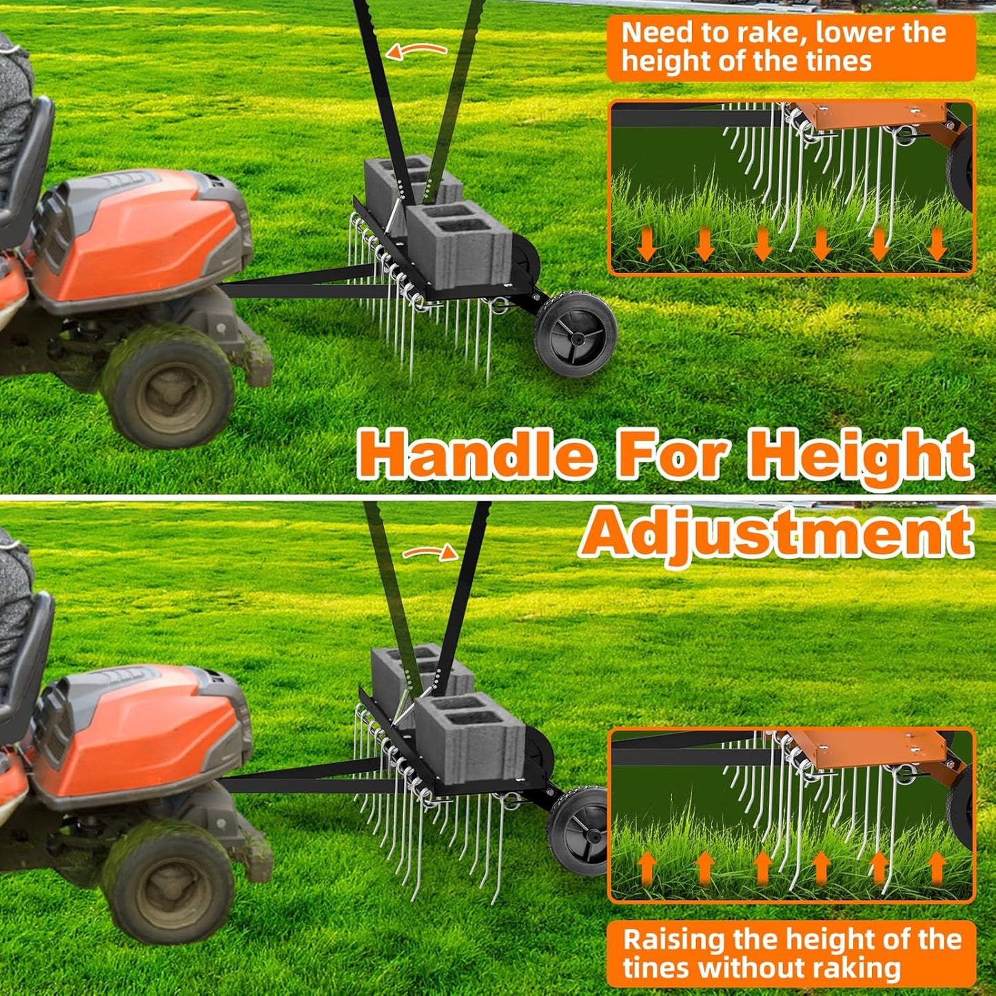 40" Tow Behind Lawn Dethatcher, Pull Behind Rake with 24 Rust-Proof Tines and Heavy Tires, Lawn Tractor Rake with Lift Handle, Black Tow Behind Rakes to Remove Thatch, Leaves from Large Lawn Area