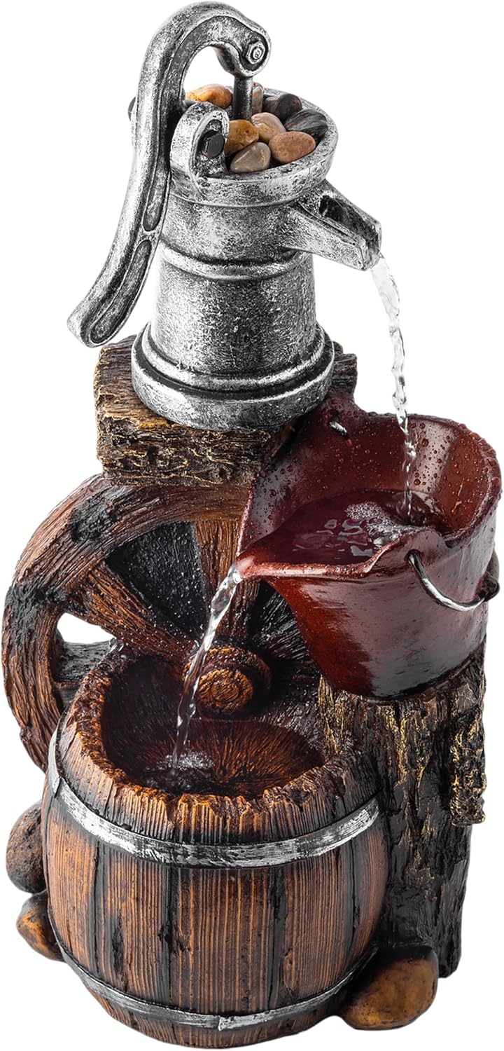 Alpine Corporation WCT688 Outdoor Floor Tiered Rustic Barrel and Pump Water Fountain, Old-Fashioned Waterfall , 24", Brown