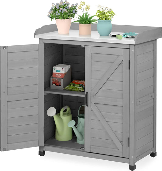Outdoor Storage Cabinet & Potting Bench Table with Metal Top, Wooden Patio Furniture, Garden Workstation (Classic Grey, 39x31.5x17in)