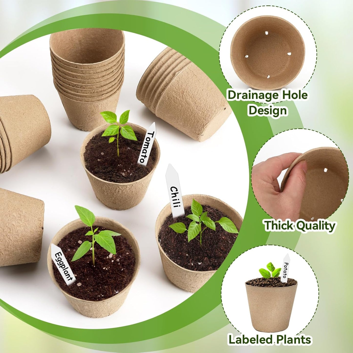 Augshy 4 Inch Peat Pots, 50 Pack Seed Starter Nursery Pots Round Plant Seedling with Drainage Holes for Garden Nursery Kits Seedlings Seed Starting Tray with 50 Plant Labels