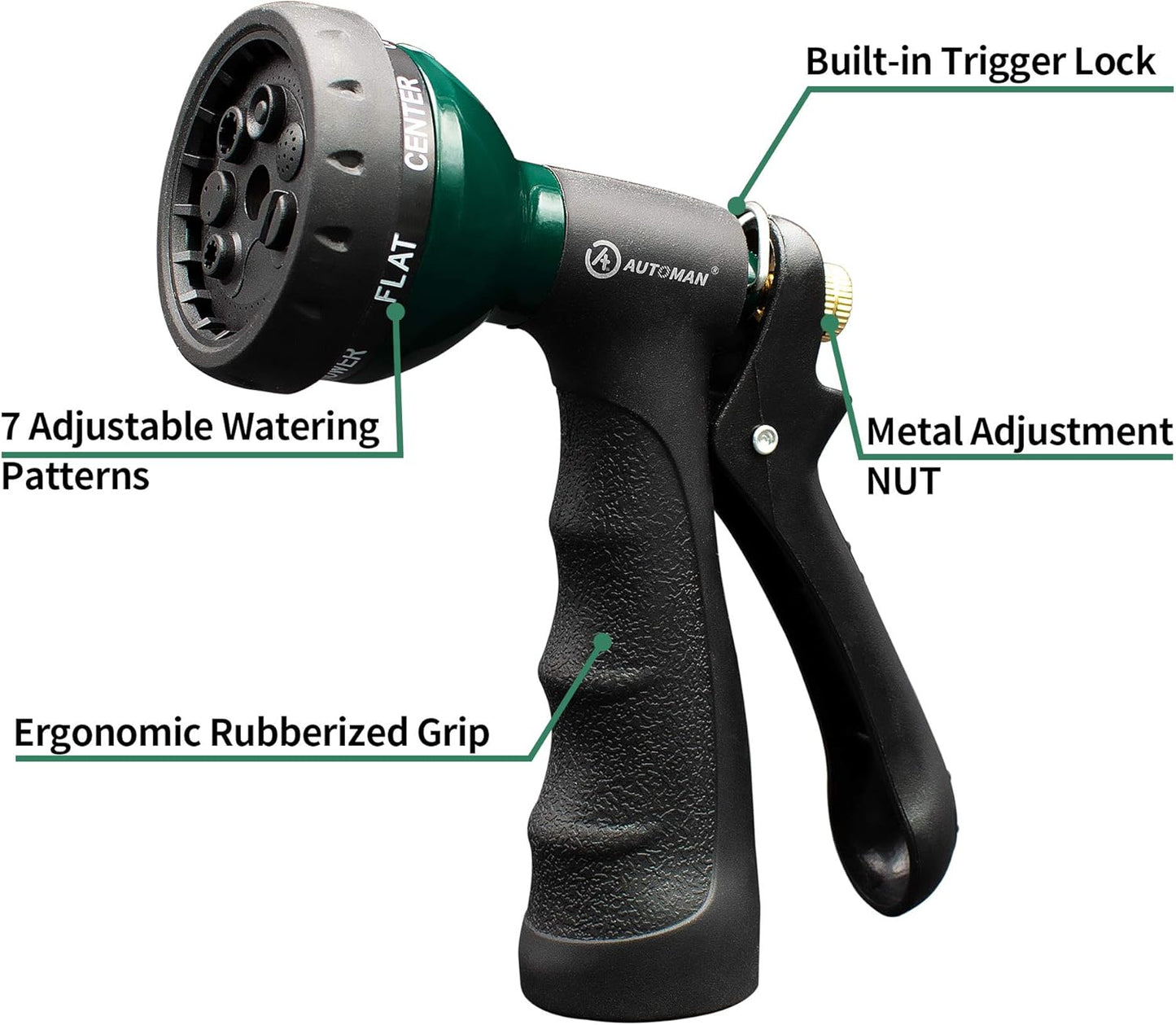 AUTOMAN-Garden-Hose-Nozzle, Metal Water Spray Nozzle with Heavy Duty 7 Adjustable Watering Patterns,Slip Resistant for Watering Plants,Lawn& Garden,Washing Cars,Cleaning,Showering Pets & Outdoor Fun.