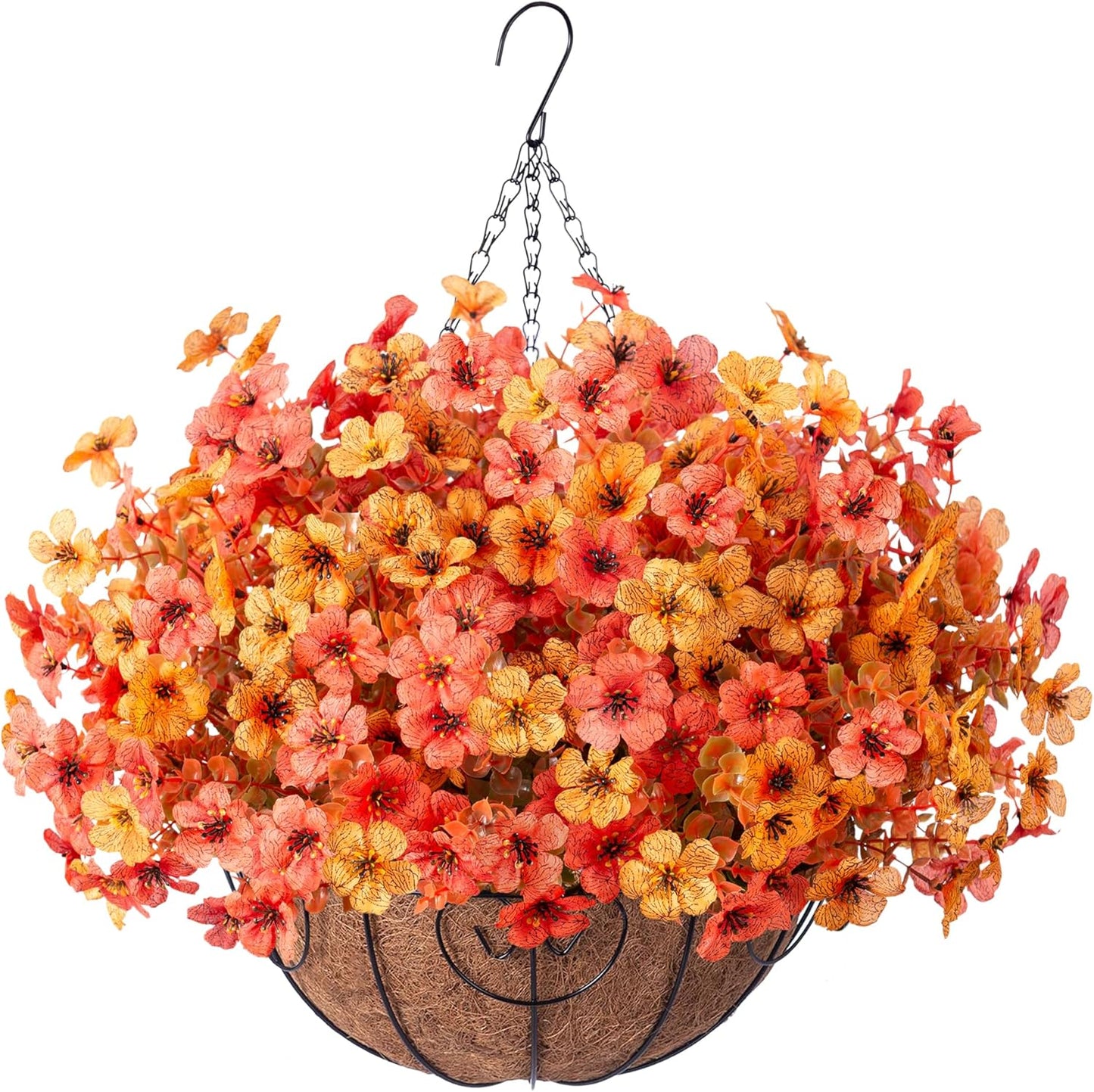Artificial Flowers with Hanging Basket Planter for Home Decoration, Daisy with Eucalyptus Leaves Outdoor Indoor Garden Yard, Metal Coconut Lining Basket with Faux Plant (Fall-OrangeYellow)