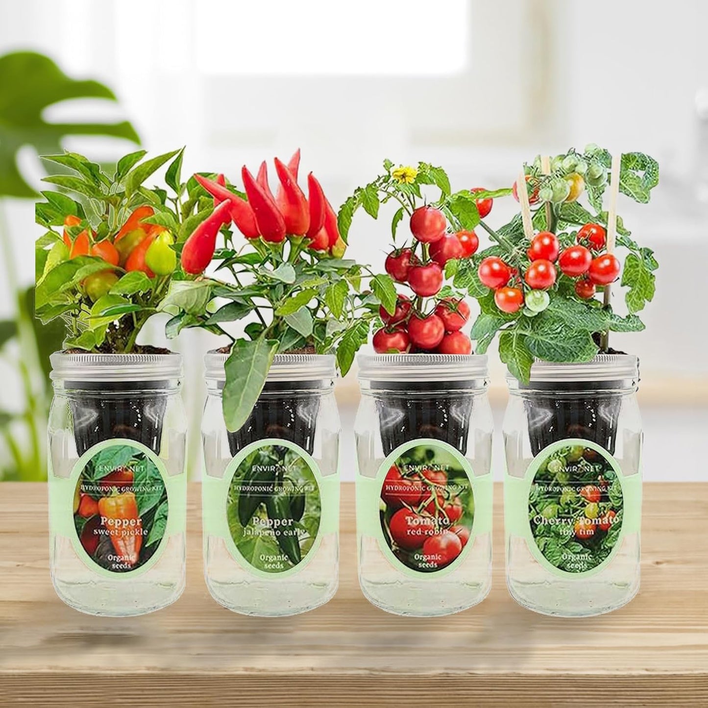 Hydroponic Herb Growing Kit Set, Self-Watering Mason Jar Herb Garden Starter Kit Indoor, Grow 4 Kinds of Herbs from Seeds (2 Tomato & 2 Pepper)