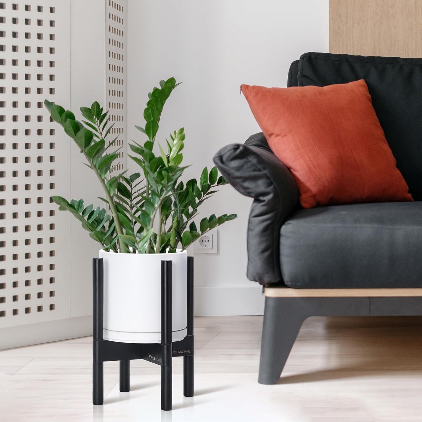 D'vine Dev Ceramic Planter with Ebony Stand - 8 Inch Modern Round Flower Pot with Wood Planter Holder, White, 55-B-M-1