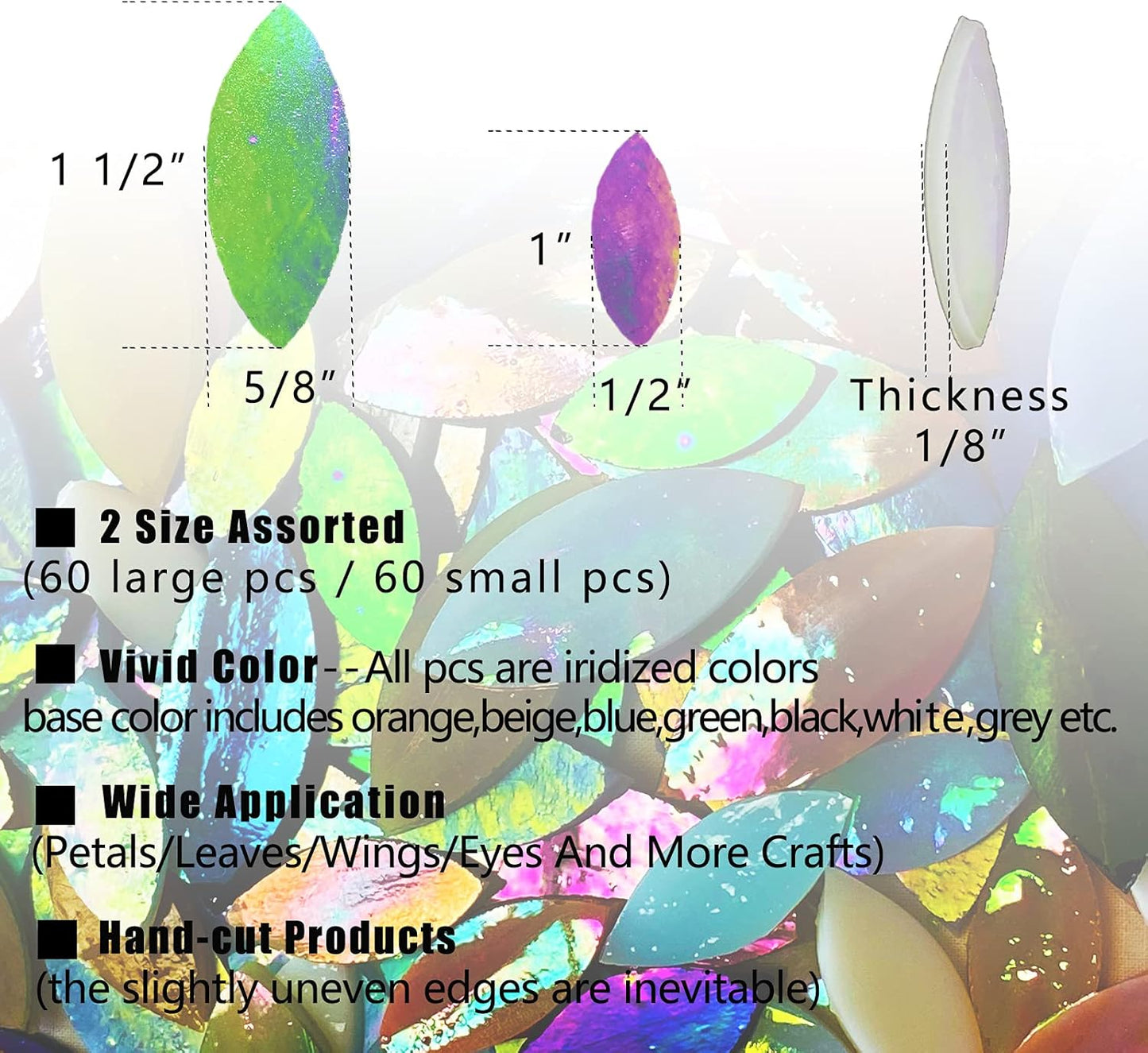 120 Pcs Iridescent Glass Petal Mosaic Tiles for Crafts, Stained Glass Supplies, Flower Leaves Mosaic Pieces Kit, Assorted Size and Rainbow Colors