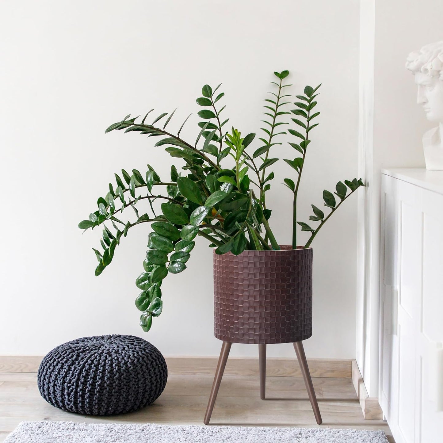 D'vine Dev 16 Inch Modern Geometric Tile Patterned Sleek Planter Pot with Stand, Indoor Outdoor Decorative Plant Holder, Espresso, 88-Z-E-6