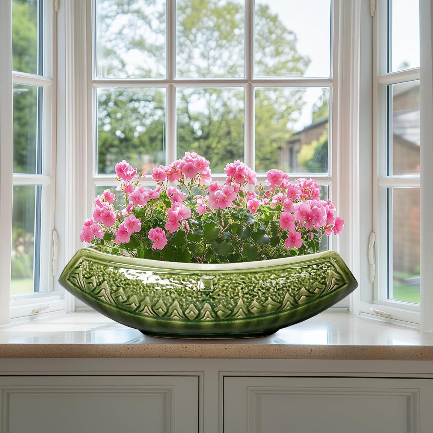 Bonsai Planter 18 Inch - Large Ceramic Succulent Pots with Drainage Hole, Bonsai Pots for Indoor Outdoor Plant, Ceramic Flower Pot, Decorative Plant Pot, Garden Decor, Housewarming Gift, Green