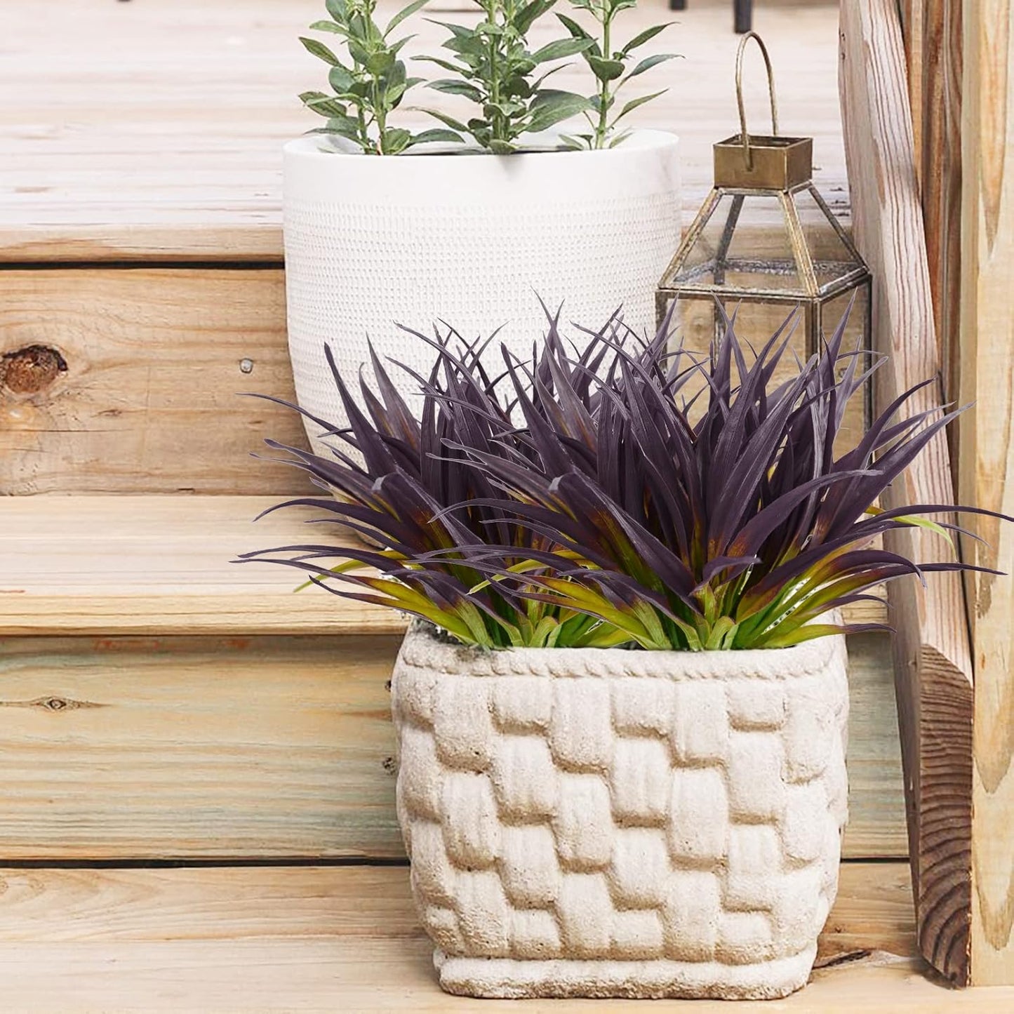 16Pcs Artificial Grass Fake Grass Plants 17.3in Outdoor Plants UV Resistant Faux Greenery Stems for Home Window Garden Patio Pathway Front Porch Halloween Décor Light Green & Purple