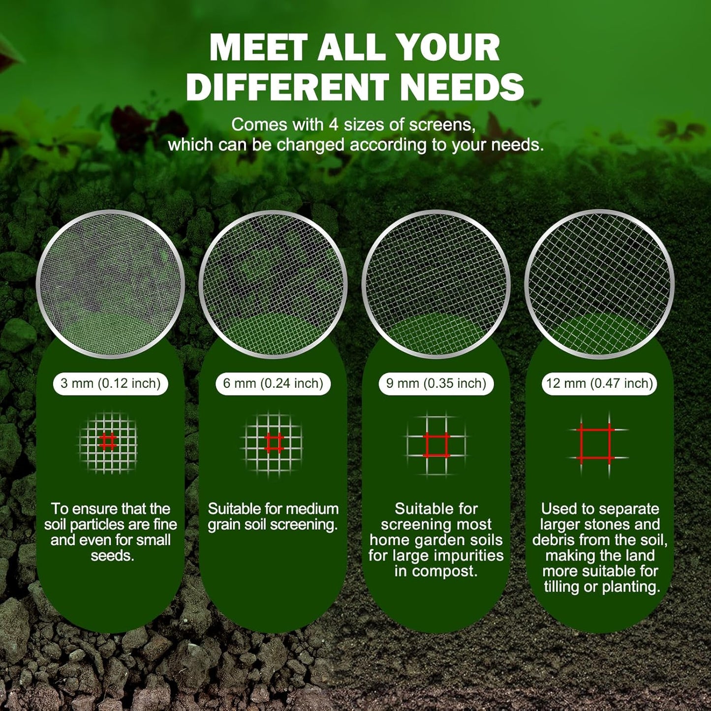 Upgraded Rotary Soil Sifter, Dirt Sifter with 4 Replaceable Garden Sieve 0.12/0.24/0.35/0.47 Inch Soil Screen, Rock Compost Bin for Garden