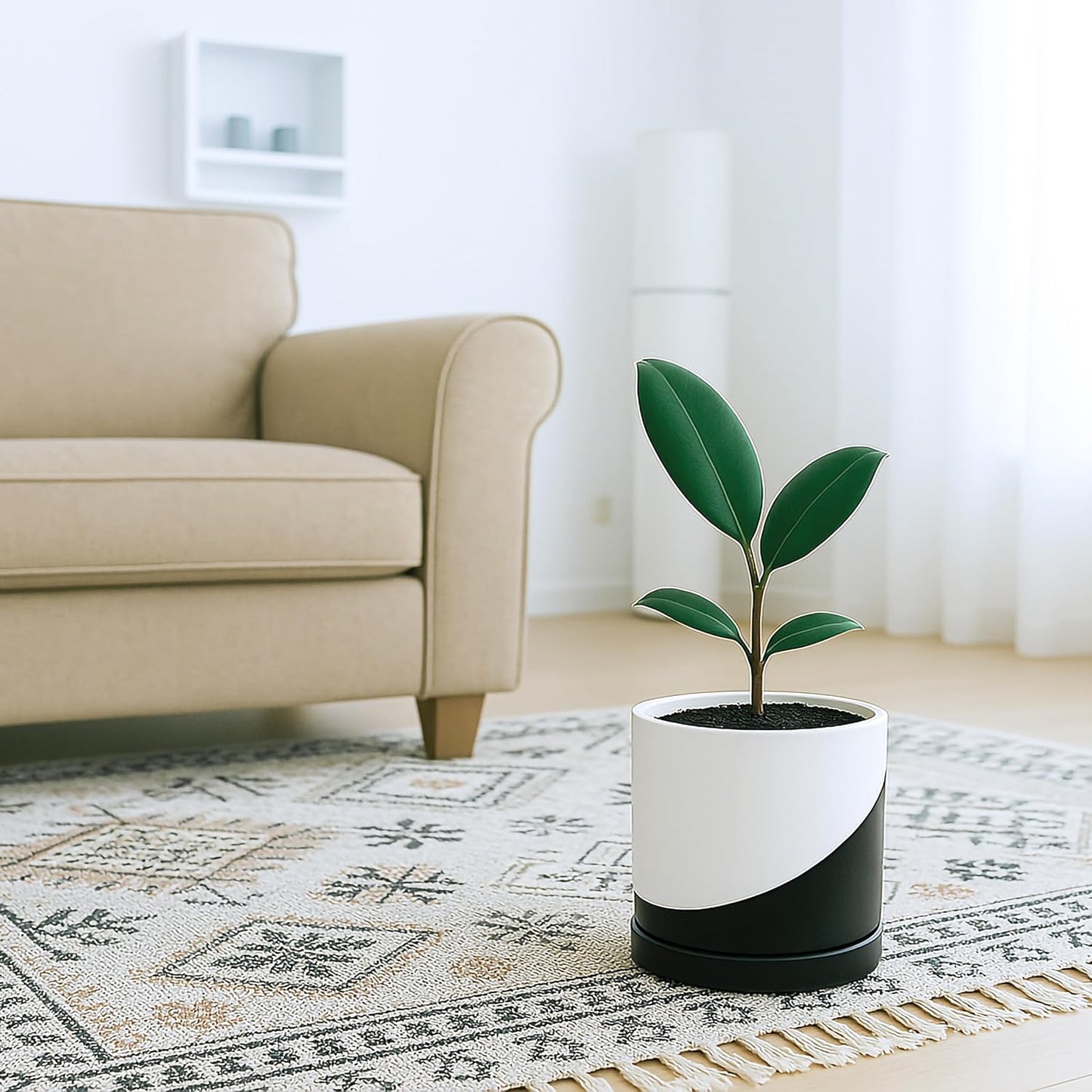 D'vine Dev 6.5 Inch Ceramic Planter Pot with Drainage Hole and Saucer, Indoor Cylinder Round Planter Pot, Oblique Monochrome Black and White, 94-O-C-K