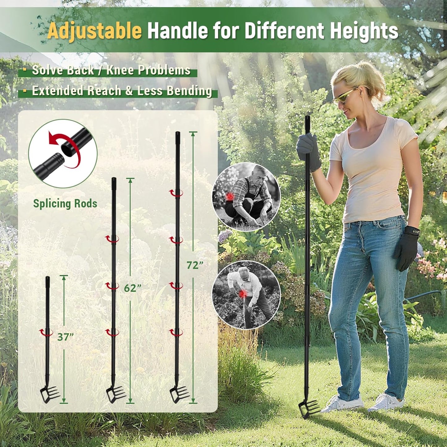 Stirrup Hoe, Heavy Duty Hula Hoe with 32-62" Adjustable Long Handle, 2 in 1 Action Hoe with Cultivator Rake, Scuffle Hoe, Hula Hoe Garden Tool for Weeding Grass, Loosening Soil, Sharp Blade, Black