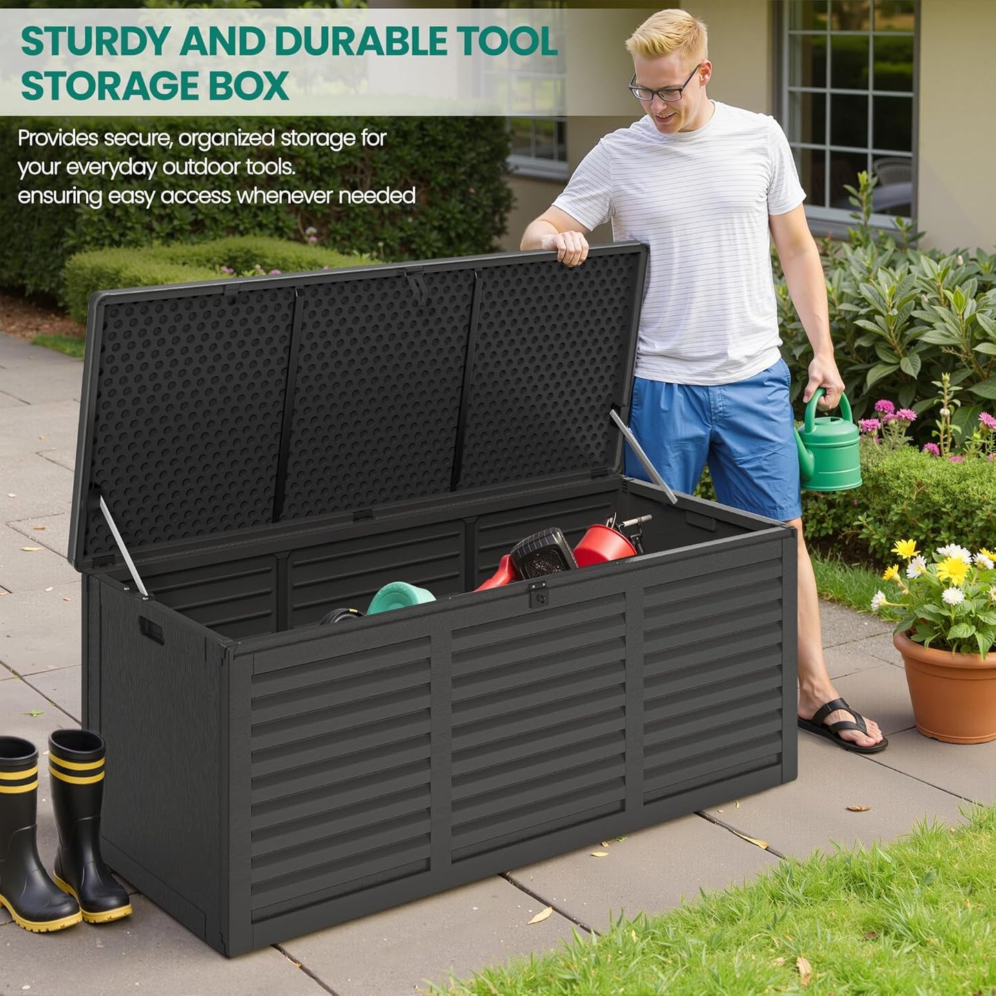 130 Gallon Outdoor Deck Box, Waterproof Resin Box with Lockable Lid, UV-Resistant for Cushions, Garden Tools & Pool Accessories (BLACK), Patio Furniture