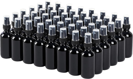 2 oz Glass Spray Bottles, Reusable Fine Mist Sprayer Small Spray Bottle, Leak-Proof Design, Perfect for Travel, Skin Care, Perfumes, Botanical, Cleansing (Black, 2oz-48pcs)