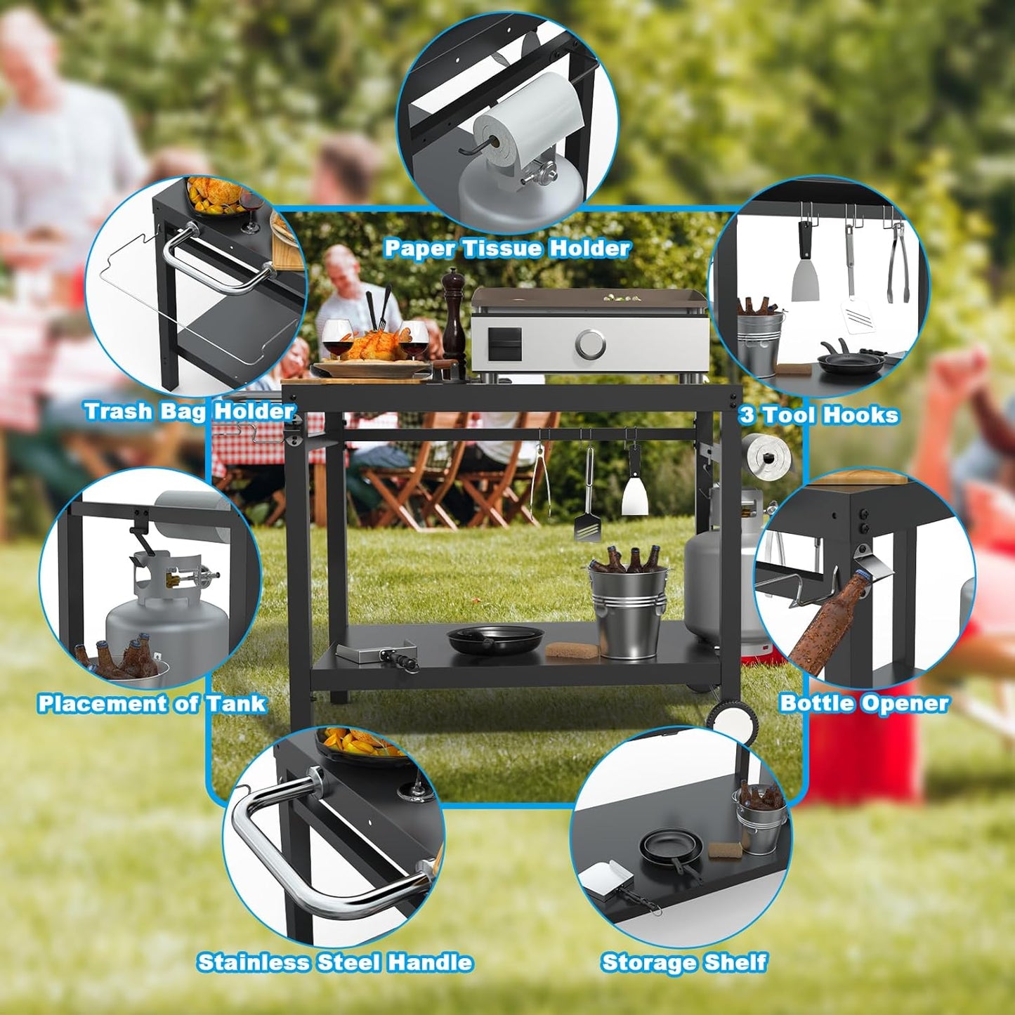 LS'BABQ Outdoor Grill Table Cart, Pizza Oven Stand, BBQ Prep Table with Trash Bag Holder Wheels & Hooks, Double-Shelf Movable Food Prep and Work Stand, Powder-Coated Steel Flattop Grill Cart