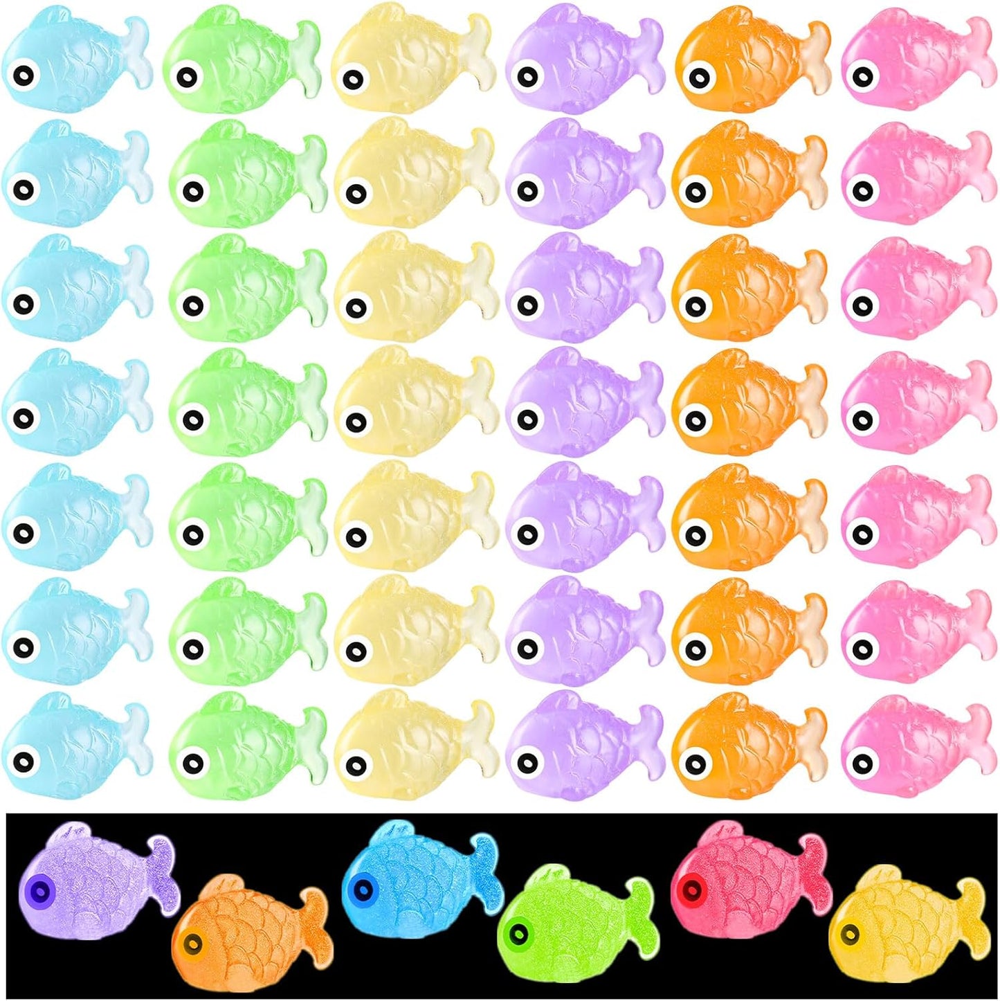 96Pcs Luminous Mini Resin Fish, Miniature Glow in Dark Fish Figurines for Garden, Aquarium, Dollhouse Decor & Crafts