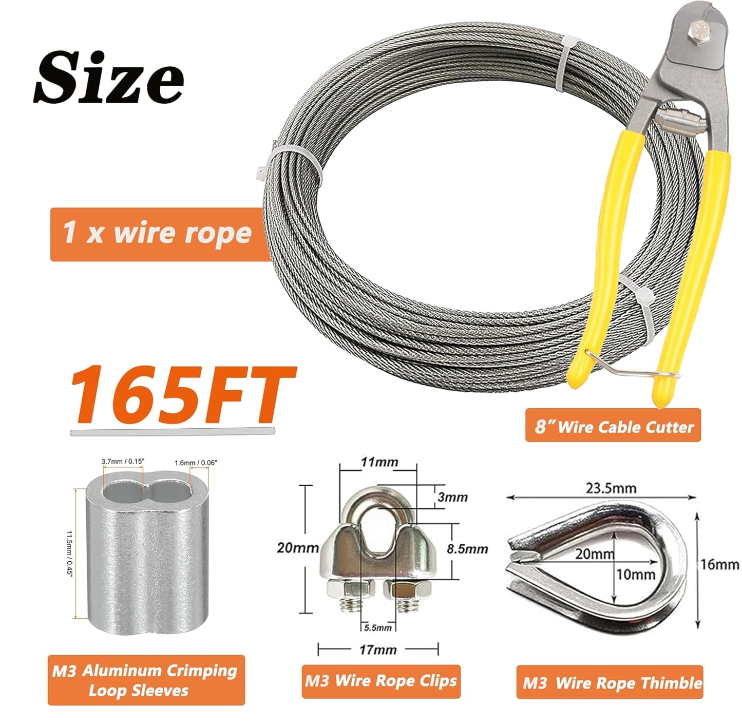 1/8 Inch Stainless Steel Wire Rope Kit, 7x7 Strands, 165 ft Length, With Cable Cutters, Sleeves, Thimbles, Clips, For Climbing Plants, Deck Railing, Fencing, Outdoor Hanging