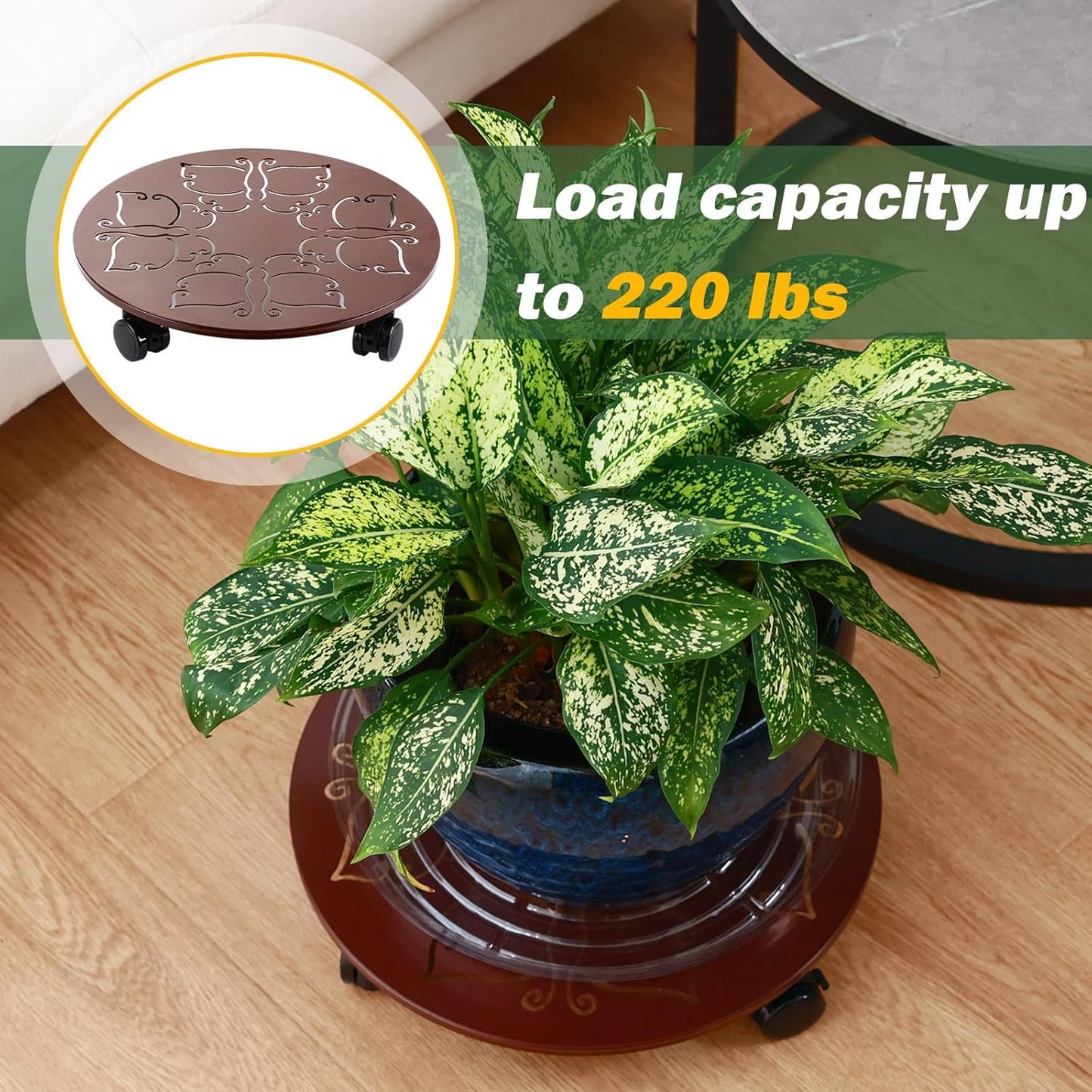 3 Packs 13.6 inches Large Metal Plant Caddy with Wheels Round Planter Dolly Pot Mover Rollers Wrought Iron Rolling Plant Stands Indoor Outdoor Wheeled Plant Holder Coaster Trolley, Butterfly, Brown