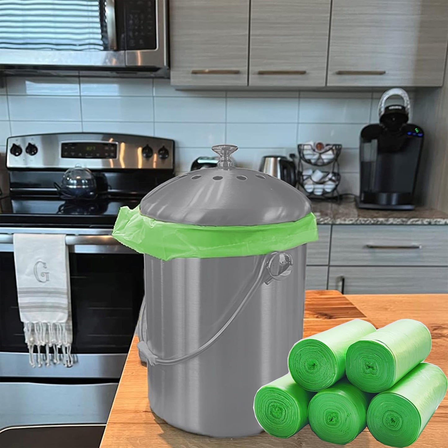 200 Counts 2.6 Gallon 10L Compost Bags, Compostable Trash Bags for Kitchen Compost Bin, Green Compostable Liner Bags for Food Scrap, Garbage Bags for Bedroom, Bathroom, Office