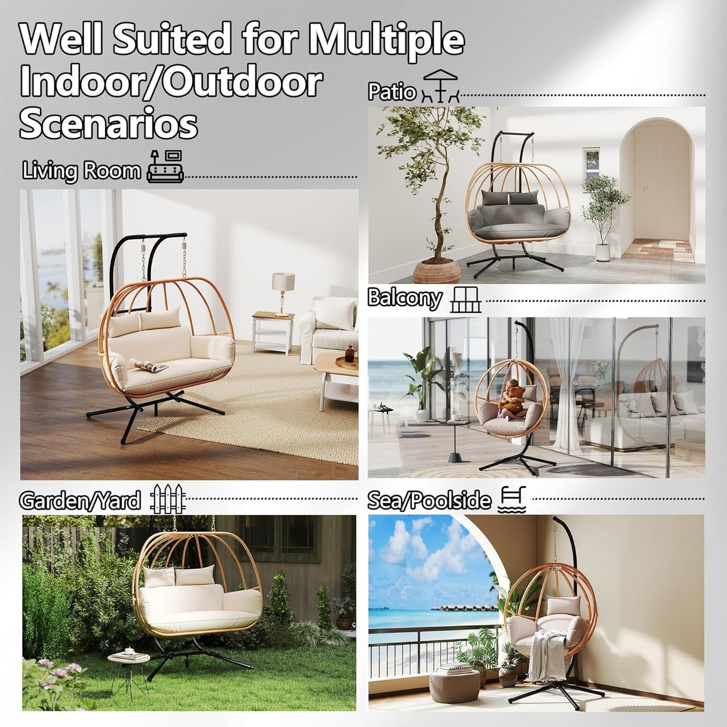 Hanging Chairs with Stand, All Weather Double Egg Chair Outdoor, Metal Hanging Egg Chairs Outdoor, 2 Person Oversized Swing Egg Chair, Modern Balcony Basket Loveseat for Indoor/Deck, Beige