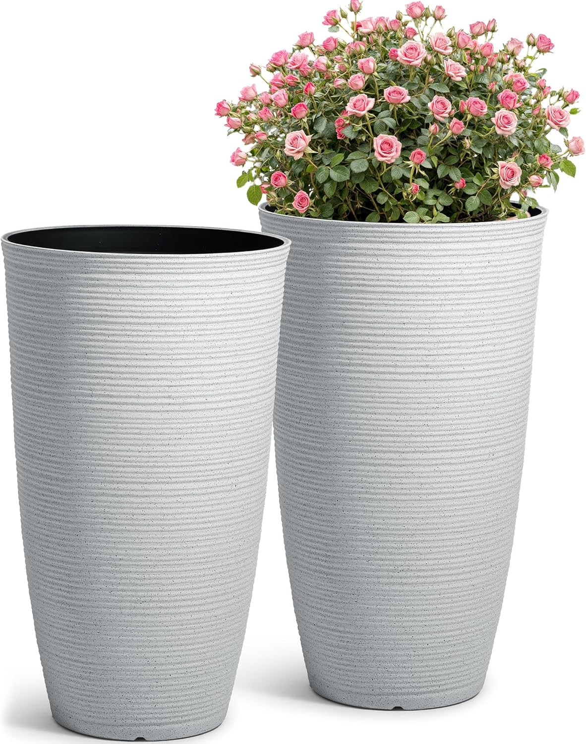23.5" H Tall Pot Planters, 2-Pack Taper Large Flower Pots for Indoor Outdoor Use, UV-Protect PP Plant Container for Garden Patio Yard Balcony Porch or Home Decor, White Vertical Stripes Texture